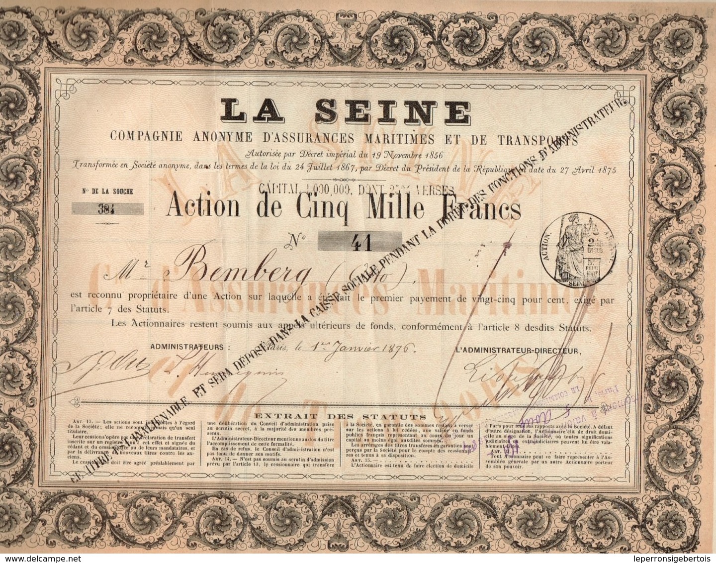 Titre Ancien - La Seine - Compagnie Anonyme D'Assurances Maritimes Et De Transports - Titre De 1876 - Rare - Banque & Assurance