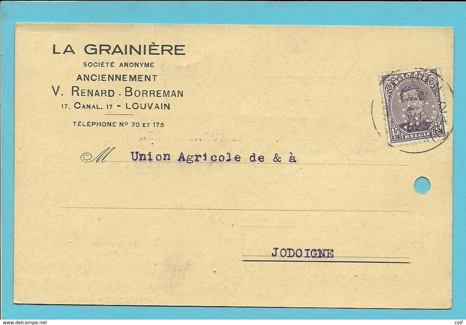 139 Op Kaart Stempel LOUVAIN, Met Firmaprforatie (perfin) "L.G." Van LA GRAINIERE - 1909-34