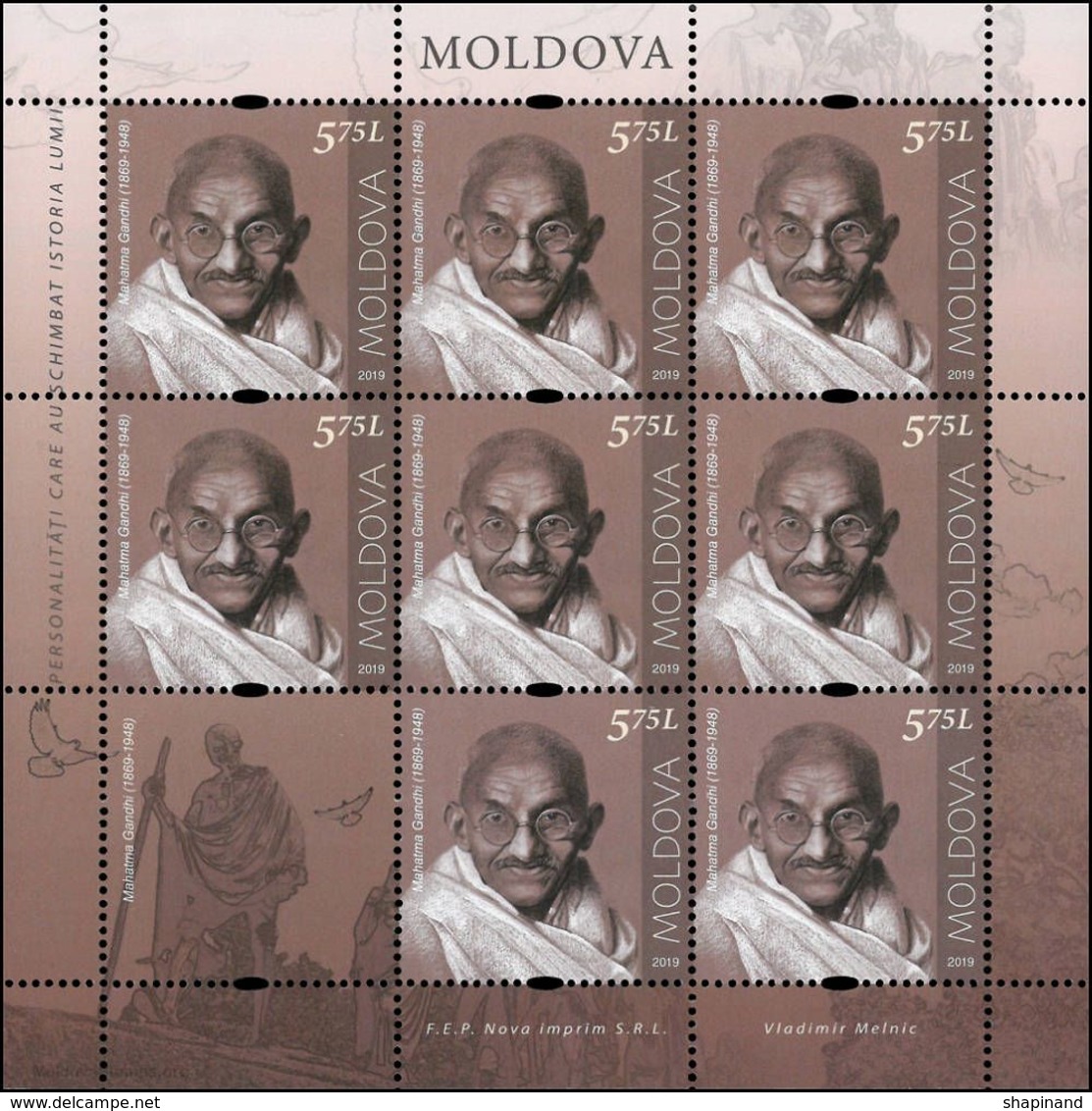 Moldova 2019 "Personalities Who Changed World History.Mohandas (Mahatma) Gandhi (1869-1948)" Sheet Quality:100% - Moldova