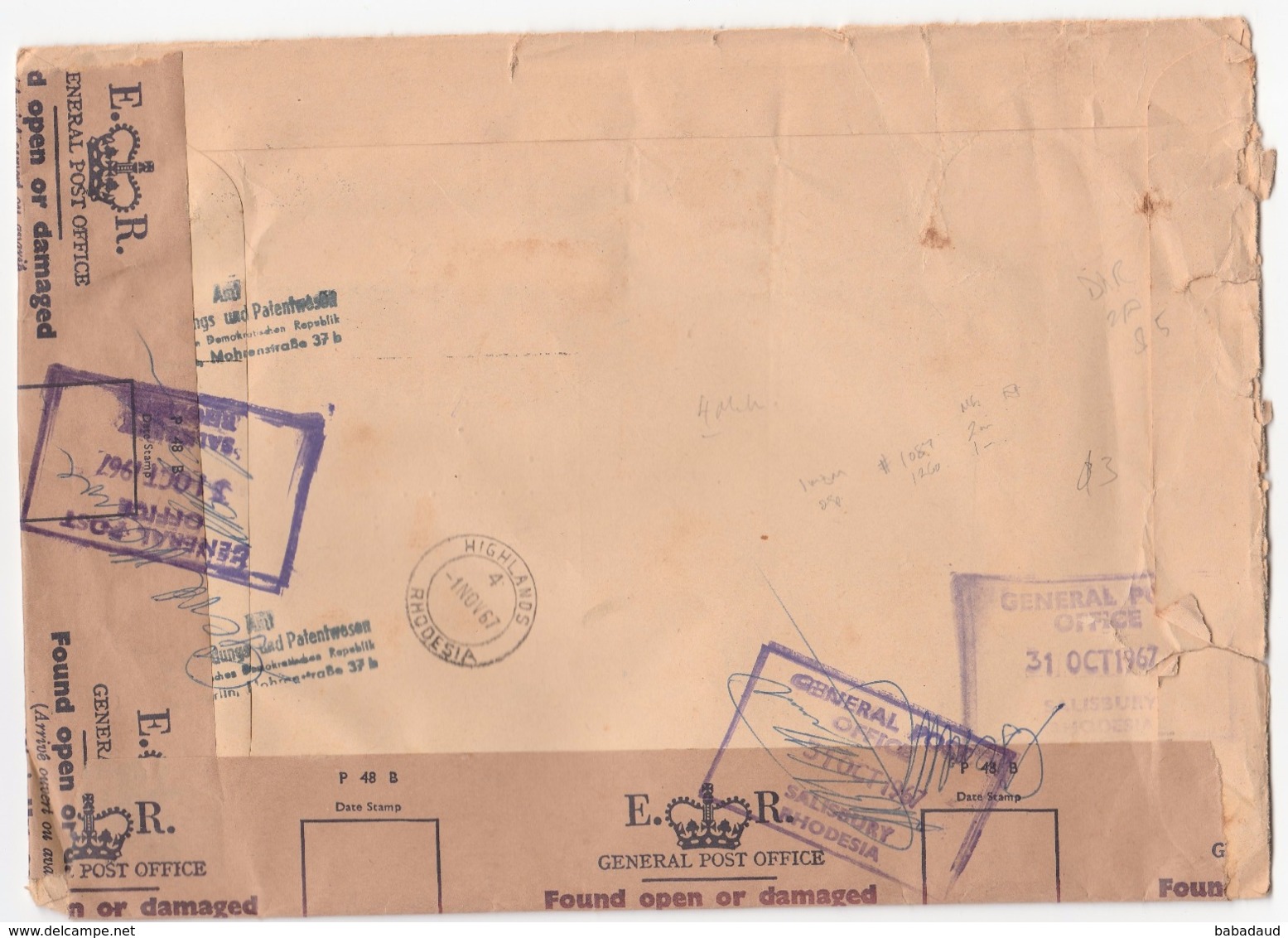 Damaged Incoming  Registered Air Mail, BERLIN 26.10.57 > HIGHLANDS  RHODESIA 1 NOV 67, SALISBURY 31 OCT 1967 Transit - Rhodesia (1964-1980)