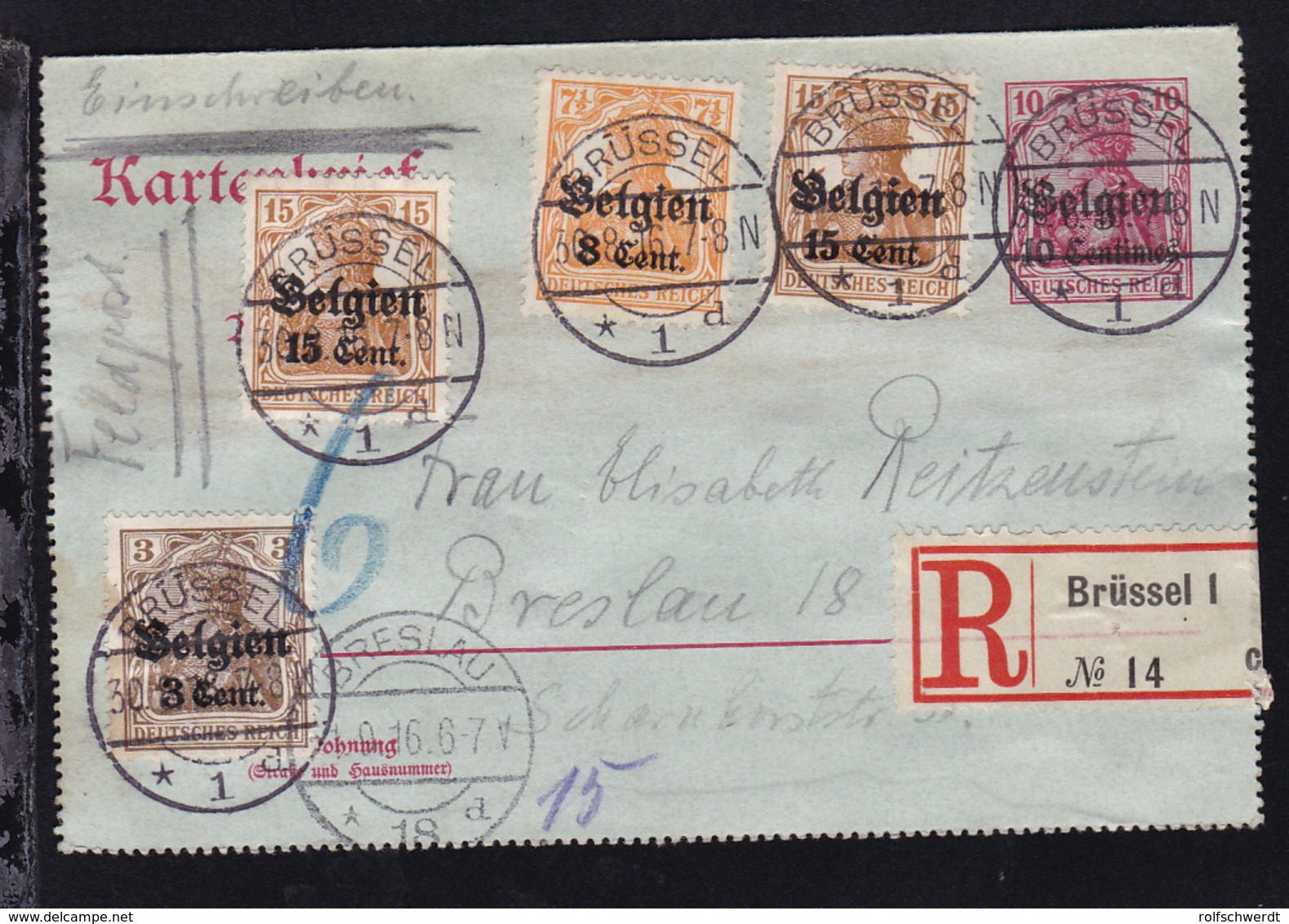 Germania 10 Pfg. Mit Aufdruck Belgien 10 Centimes Mit Zusatzfrankatur   - Occupation 1914-18