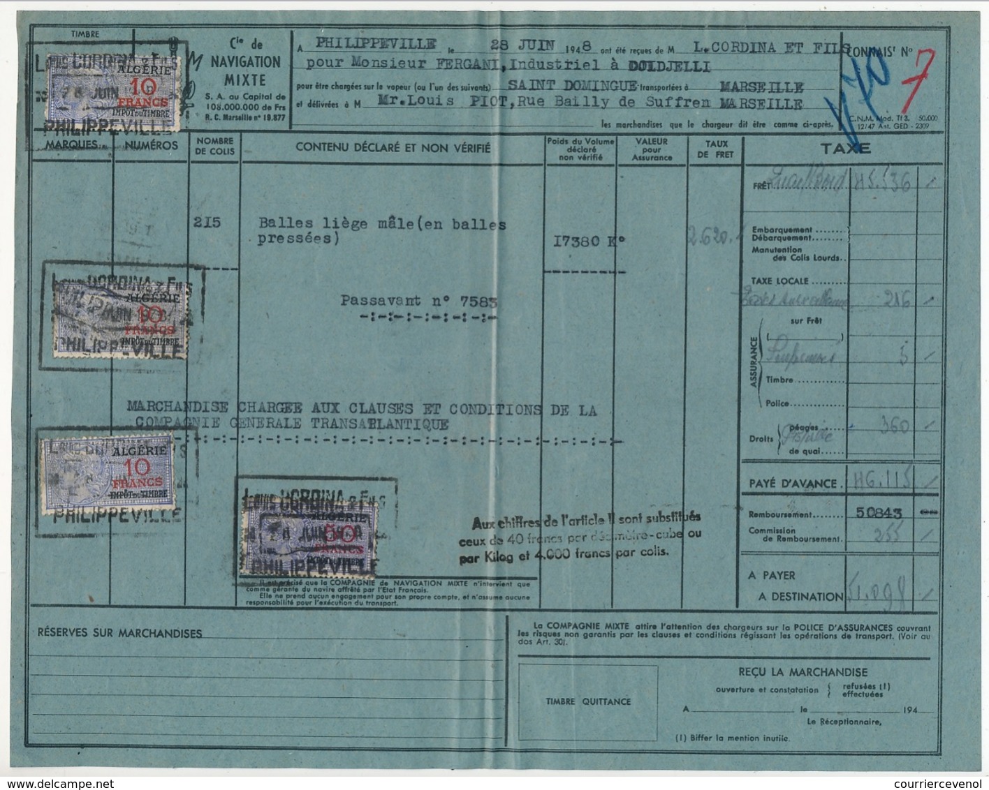 ALGERIE - FISCAUX 10F Médaillon De Daussy Impot Du Timbre X 4 (Cie De Navigation Mixte) Doc Entier 1948 - Altri & Non Classificati