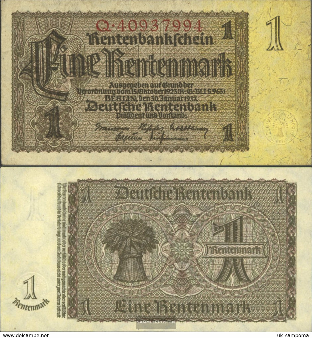 German Empire RosbgNr: 166b, Empire Printing 8-stellige Kontrollnummer Uncirculated 1937 1 Rentenmark - 1 Rentenmark