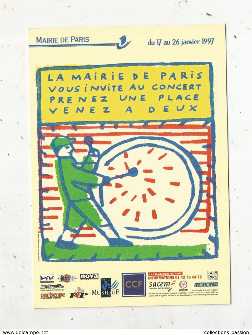 Cp,  Spectacle , Musique & Musiciens , La Mairie De Paris Vous Invite Au Concert,1997, 2 Scans - Music And Musicians