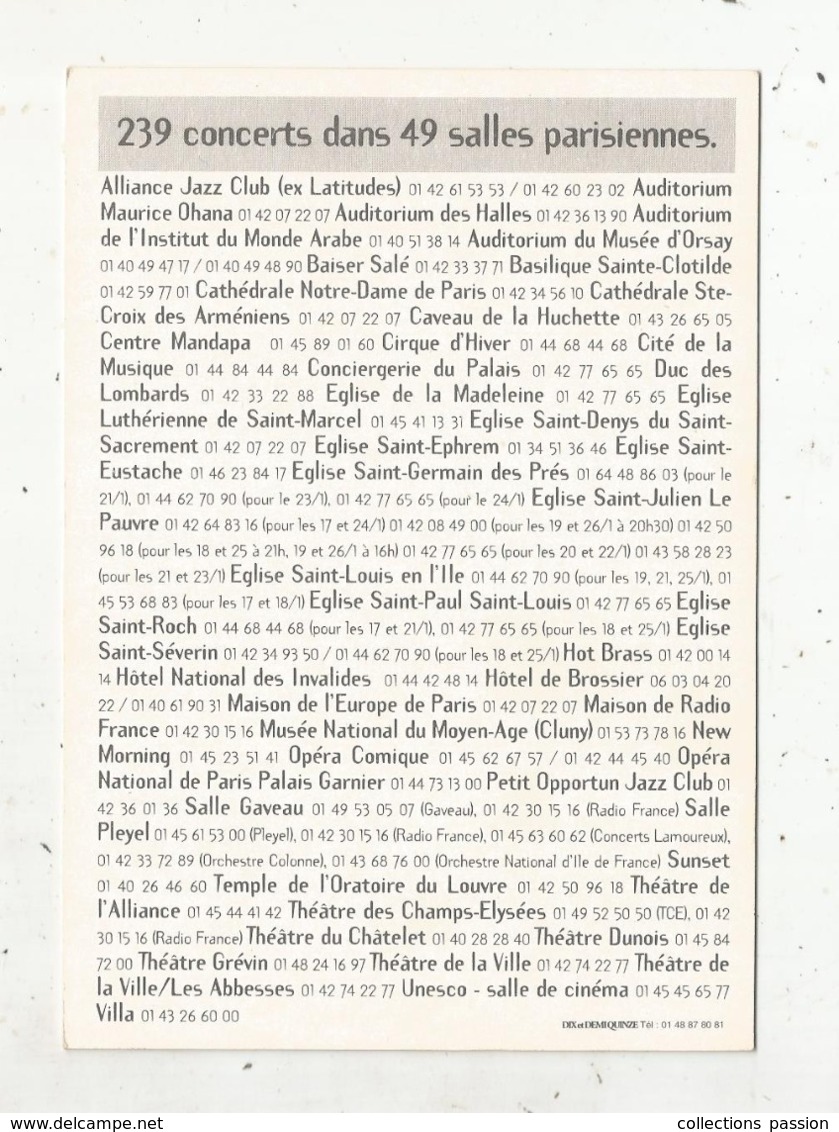 Cp,  Spectacle , Musique & Musiciens , La Mairie De Paris Vous Invite Au Concert,1997, 2 Scans - Music And Musicians