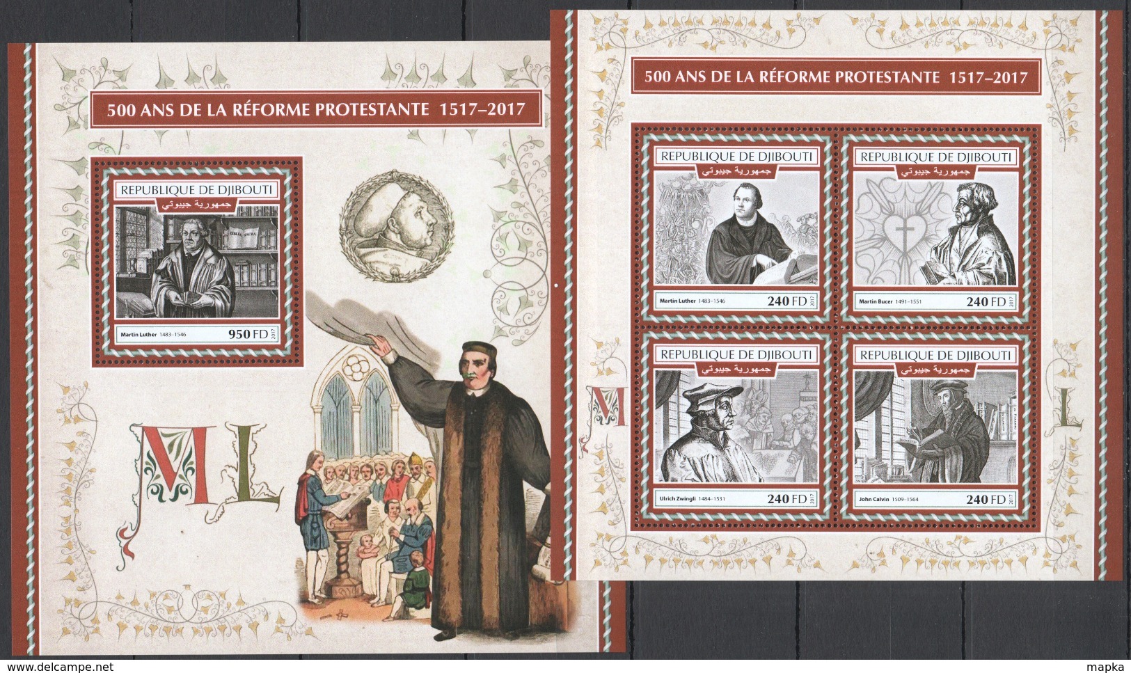 CC972 2017 DJIBOUTI ART PROTESTANT REFORMATION MARTIN LUTHER KB+BL MNH - Theologen