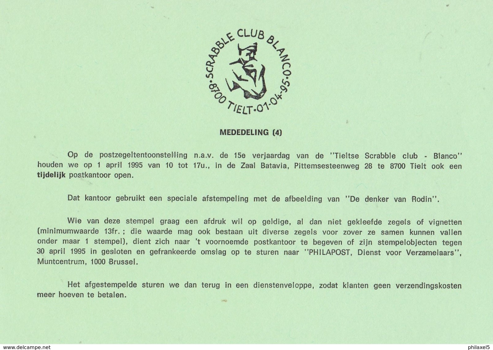 België - Dienstpostkaart - Tielt - 15e Verjaardag Van De Tieltse Scrabble Club "Blanco" - (1995) - Commemorative Documents