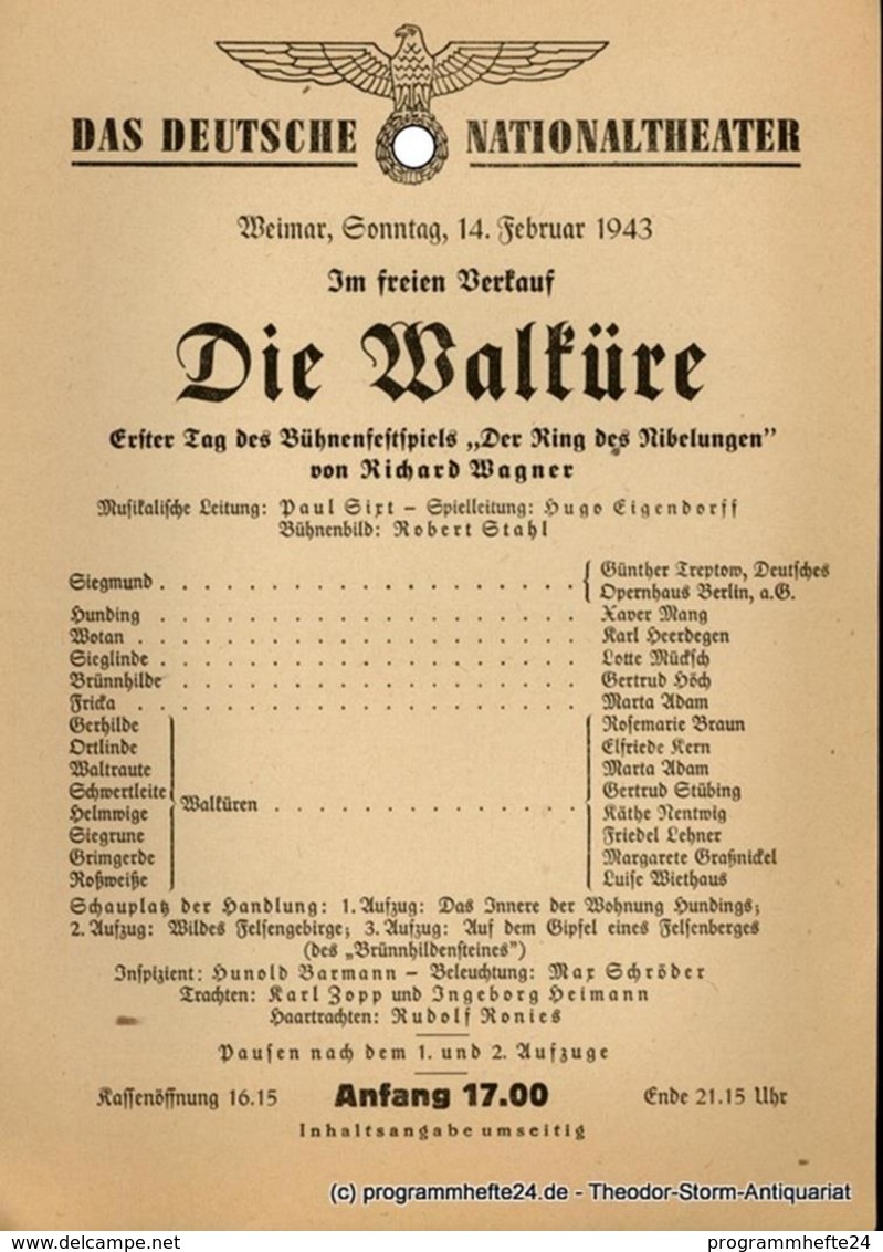 Theaterzettel Die Walküre. Erster Tag Des Bühnenfestspiels Der Ring Des Nibelungen Von Richard Wagner. Weimar, Sonntag, - Programmes