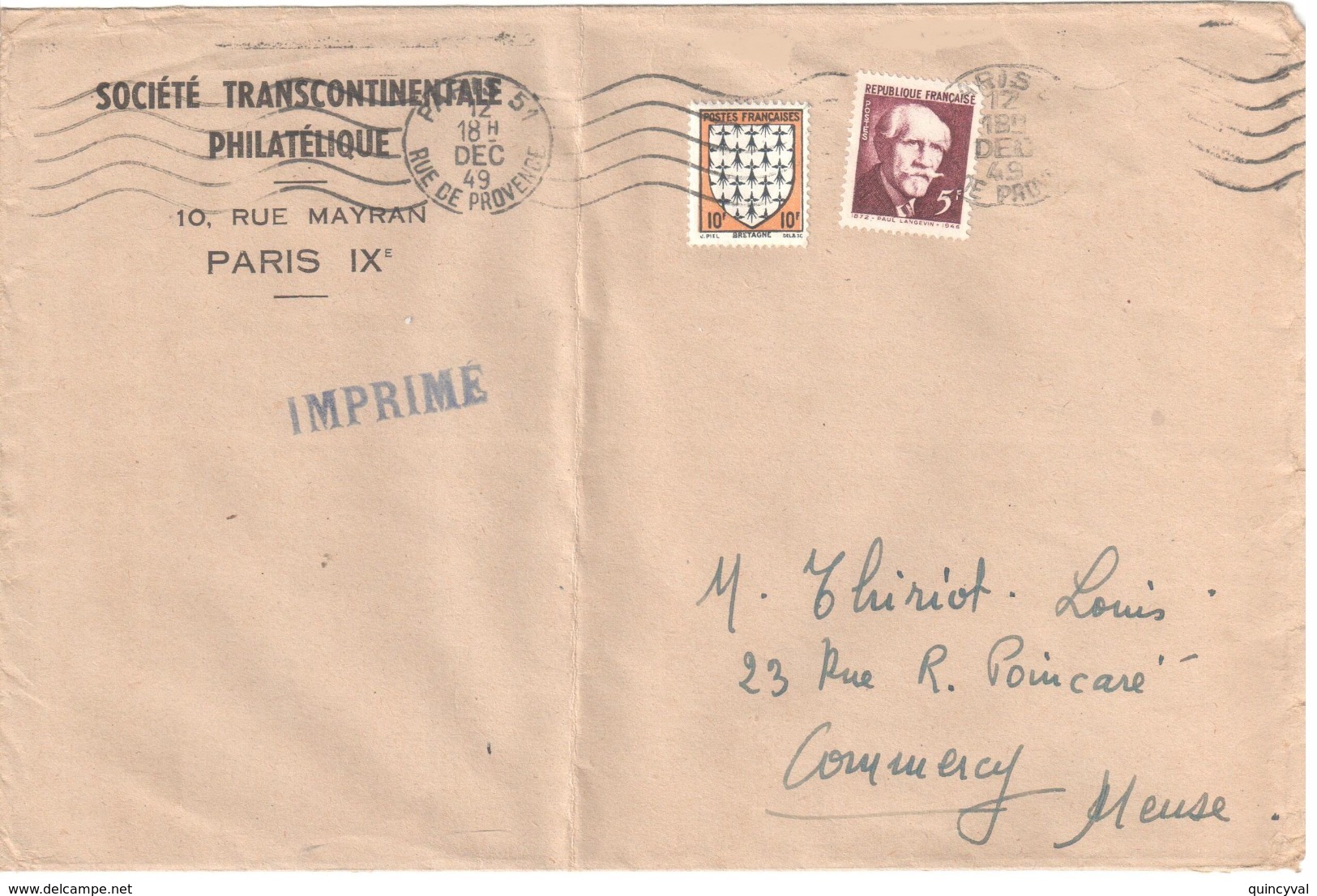 PARIS 51 Rue De Provence Imprimé Ob Meca 12 1 2 1949 10 F Blason Bretagne 5F Paul Langevin Yv 573 820 Dest Commercy Pli - Covers & Documents