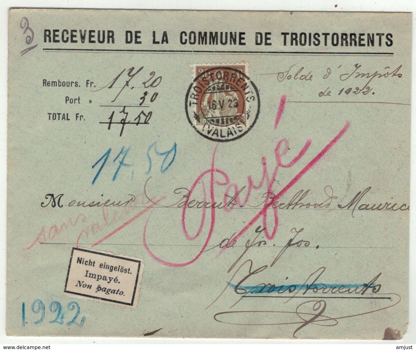 Suisse // Schweiz // Switzerland //  1907-1939 // Lettre  Du Receveur De La Commune De Troistorrents - Lettres & Documents