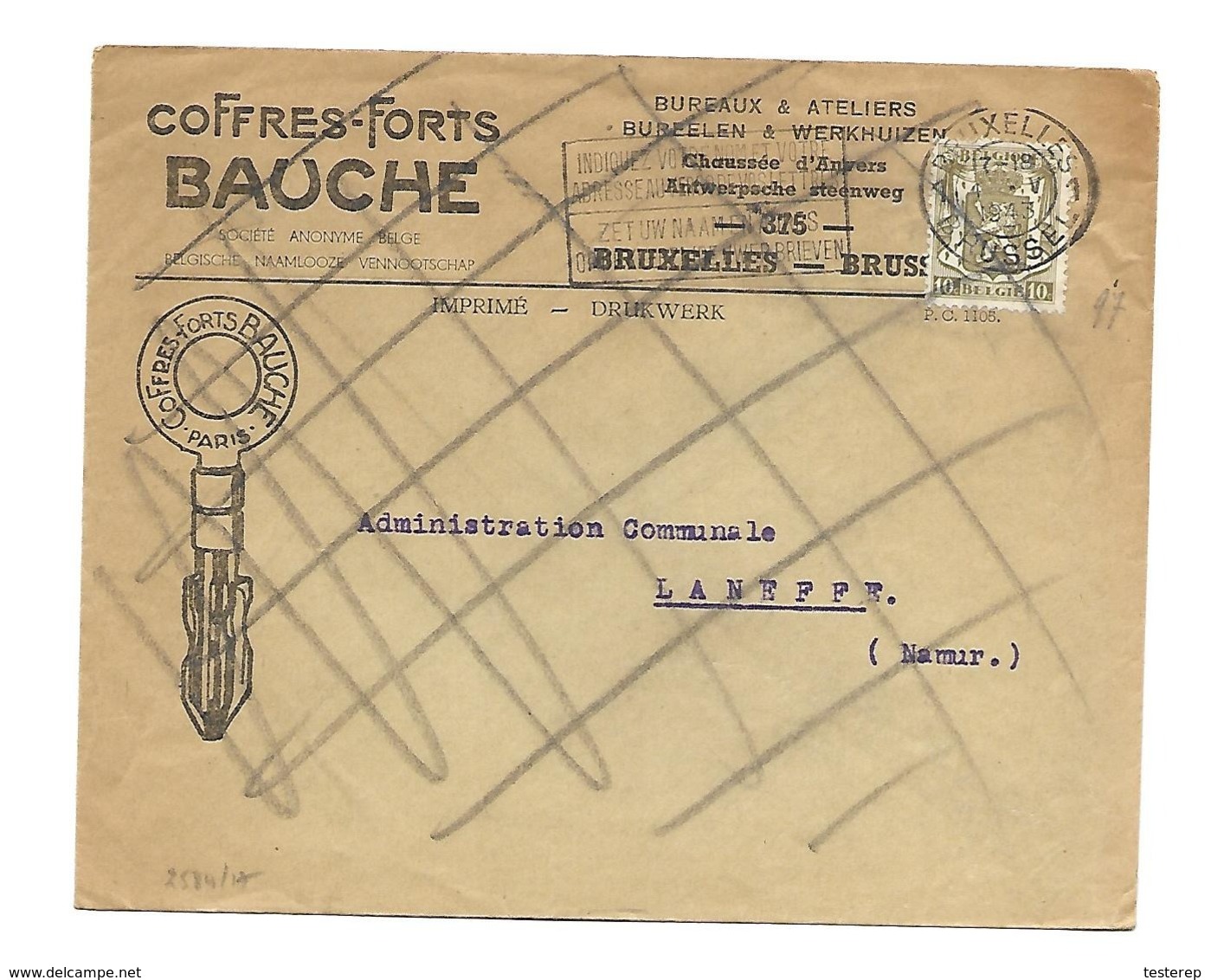 Sterstempel / Cachet Etoile  *  LANEFFE *  6.V.1943  Enveloppe Coffres-Forts BAUCHE  2 X Usé  2 Scans Recto/verso - 1935-1949 Small Seal Of The State