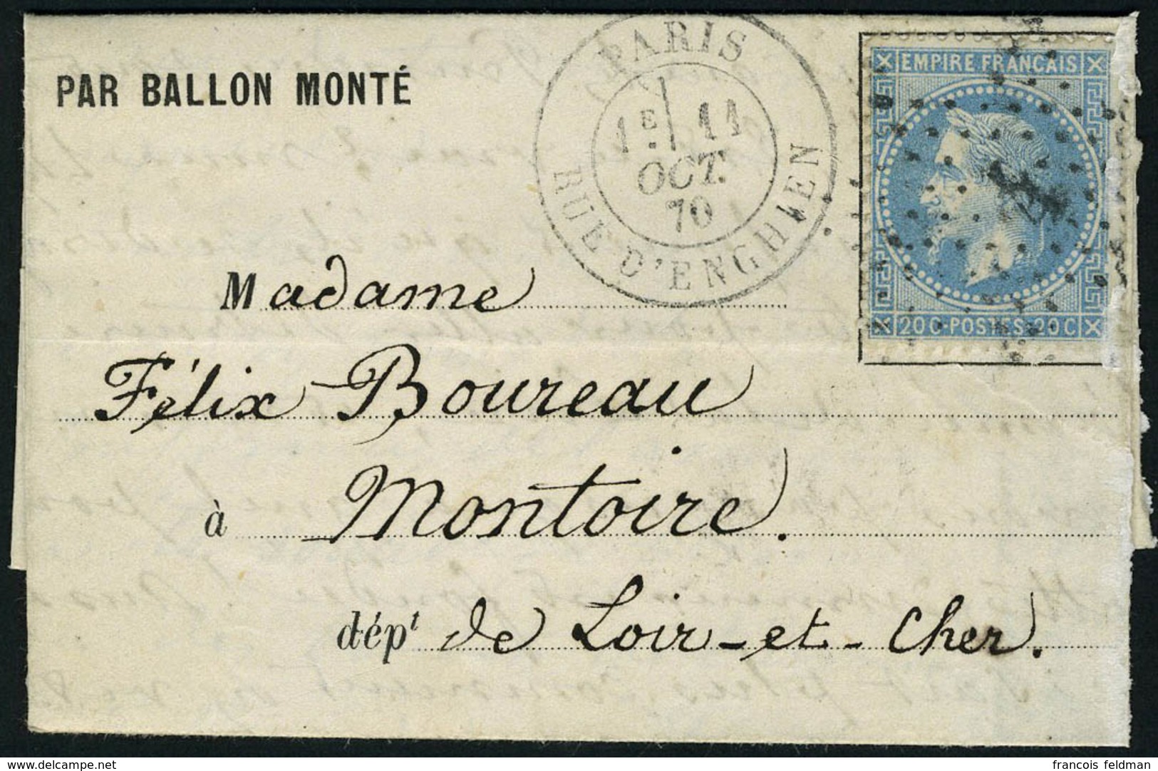 Lettre Le Louis Blanc (probable) Càd Paris R D'Enghien 11 Oct 70, Pour Montoire (L Et Ch), Arrivée 15 Oct 70, T.B. - Otros & Sin Clasificación