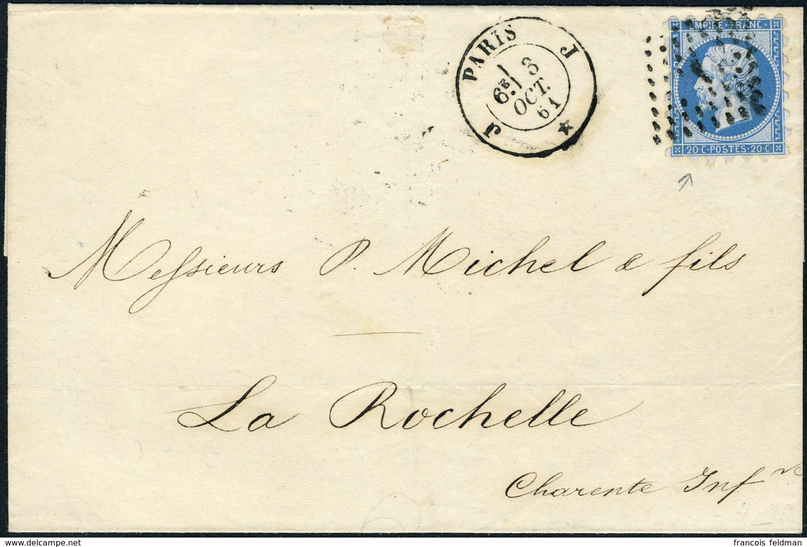 Lettre N° 14, 20c Bleu Piquage Susse S/L Obl. Paris Bureau J Du 3 Oct 61 Pour La Rochelle, TB - Other & Unclassified