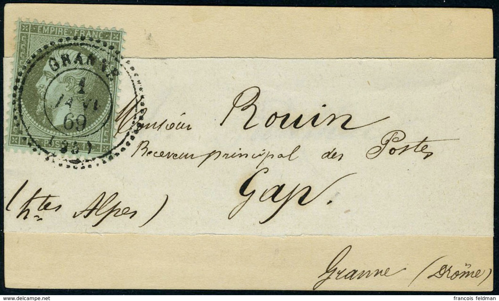 Lettre N° 19, 1c Olive Seul S/carte De Visite Sous Bande, Obl Granne 1er Janv 69 Pour Gap, SUPERBE - Other & Unclassified