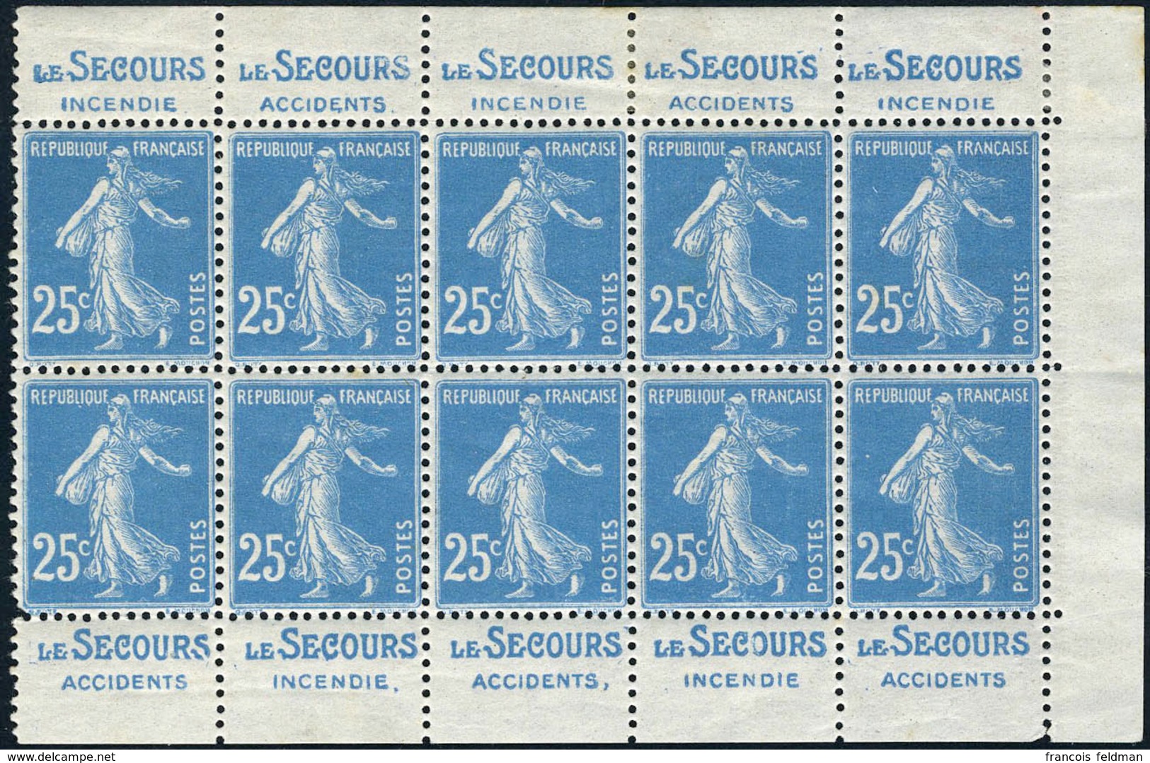 Neuf Sans Charnière N° 140f, 25c Bleu Semeuse Type II, Panneau De 10t. Avec Pubs Le Secours, Trace De Charnière En Marge - Other & Unclassified