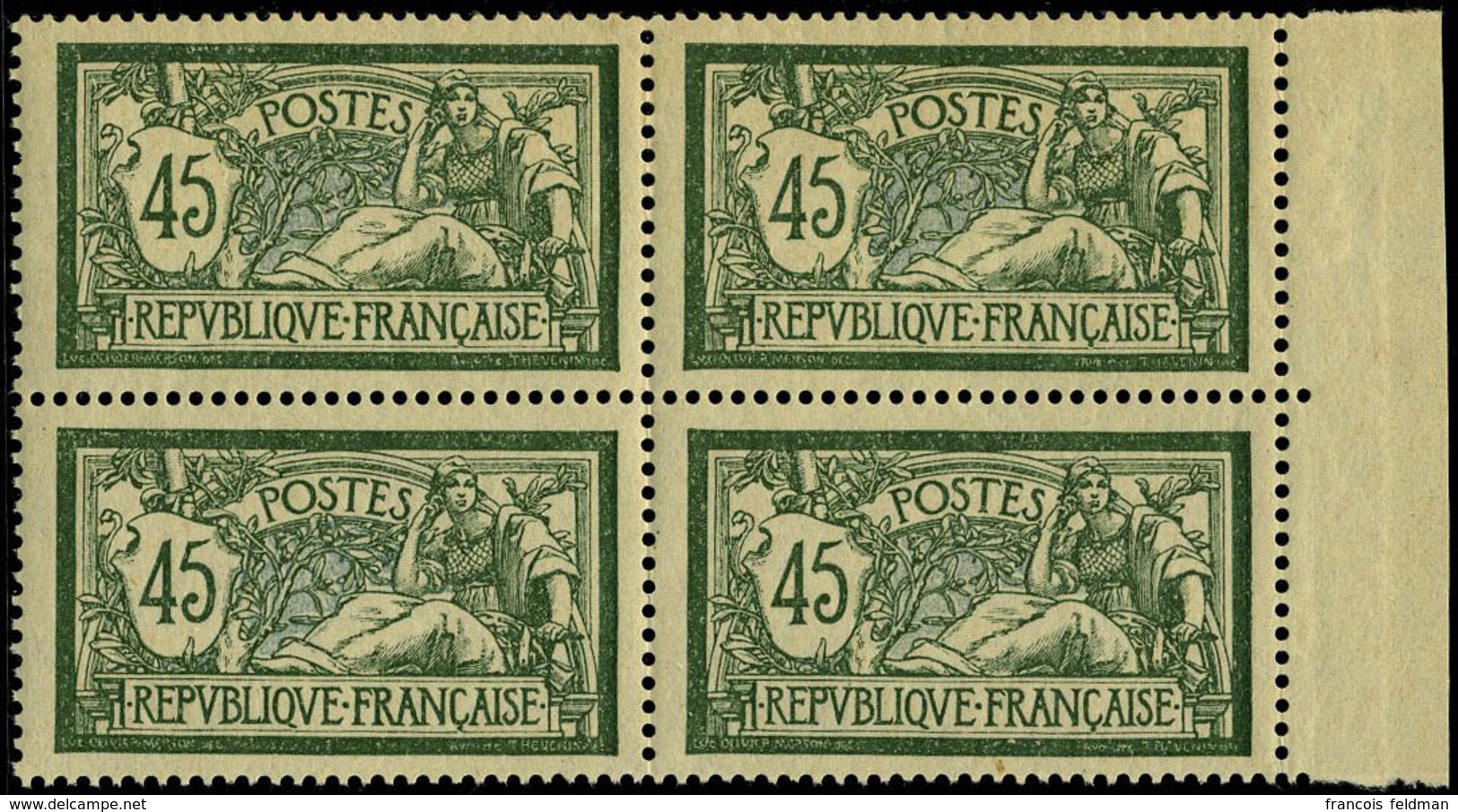 Neuf Sans Charnière N° 143, 45c Vert Et Bleu, Merson, Bloc De 4, Excellent Centrage, Superbe - Other & Unclassified