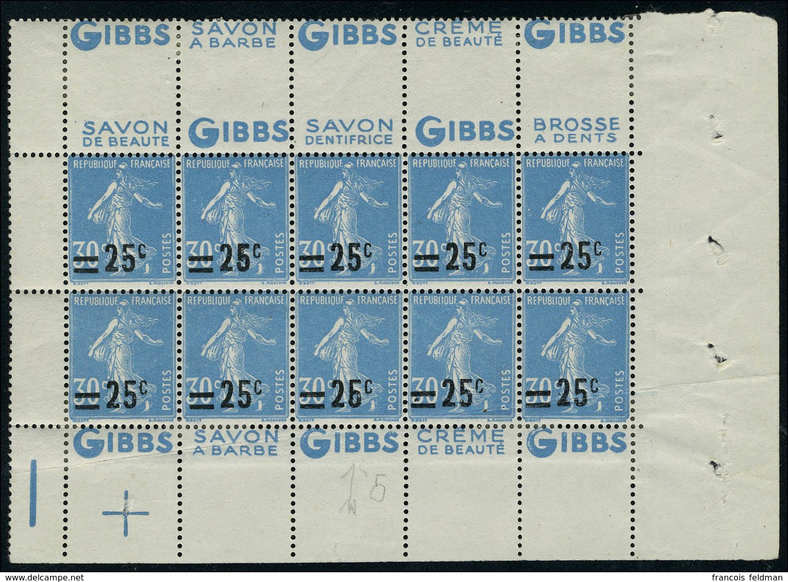 Neuf Sans Charnière N° 217b, 25c Sur 30c Bleu Semeuse, Bloc De 10, Pub Gibbs, Les 5 Du Haut Double Pub, 1ex Variété 5 Fe - Other & Unclassified