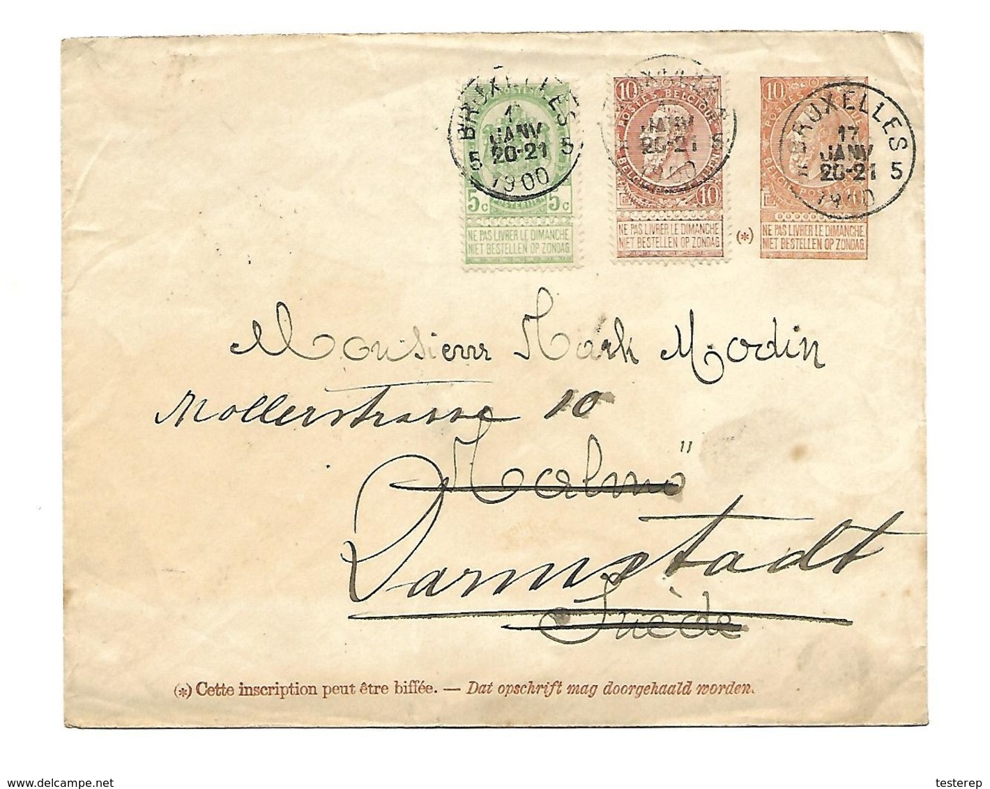 10 Ct + Bijfr. 10 Ct + 5 Ct Brux.17 Jan.1900 Naar Suéde (19.1.) + Doorgestuurd Naar Darmstadt (Duitsland) 20.1.1900 - Letter Covers