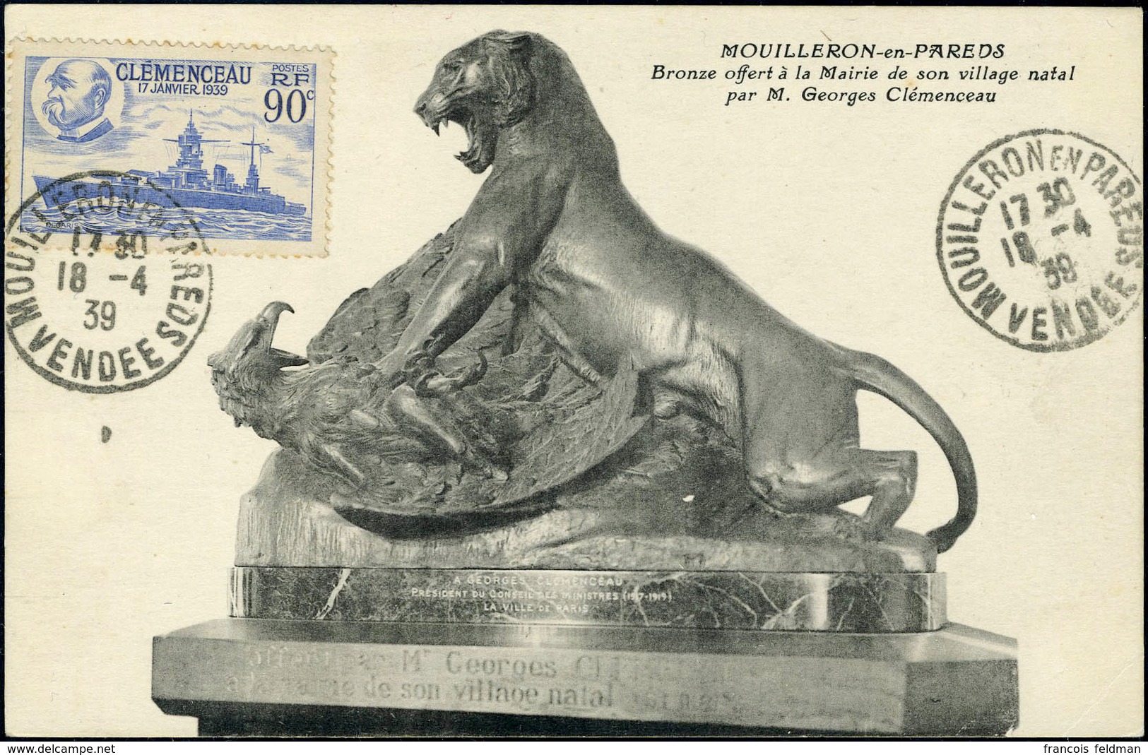 Lettre N° 425, Cuirassé Clémenceau S/CP Maximum (Bronze Offer à La Mairie Par G. Clémenceau), Càd 1er Jour Mouilleron En - Other & Unclassified