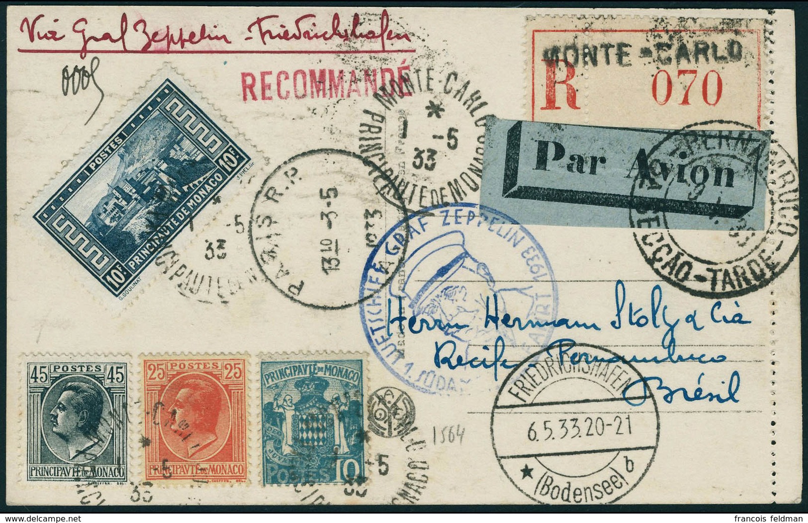 Lettre Zeppelin, 1 SAF 1933, CP Recommandée De Monté Carlo 1.5.33, Càd De Transit Friedrichschafen 6.5.33, Pour Récife P - Other & Unclassified