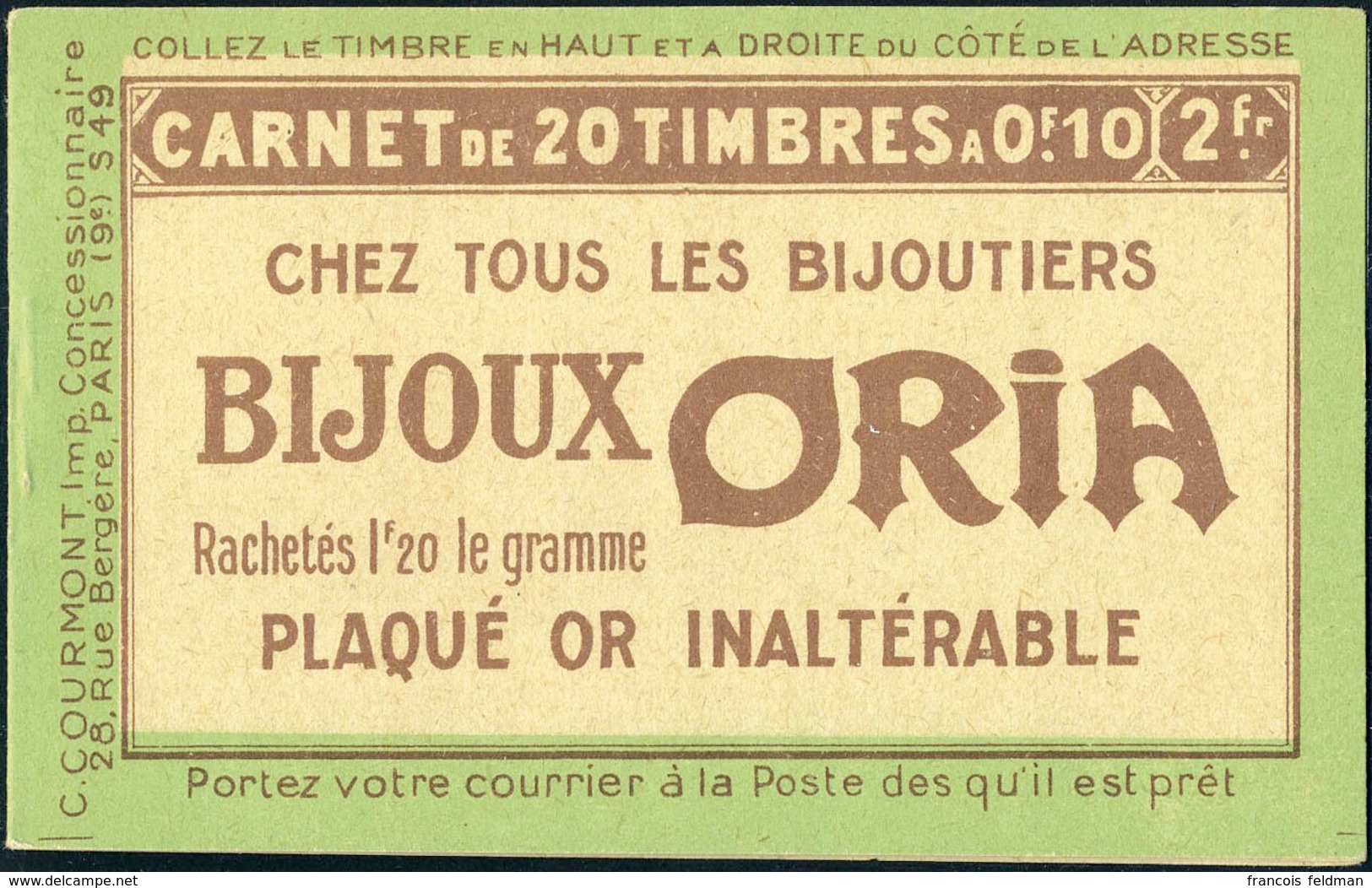 Neuf Sans Charnière N° 9, 10c Pasteur, Carnet De 20 T. Couverture ORIA (S.49), TB - Maury : Carnet N° 1A - Other & Unclassified