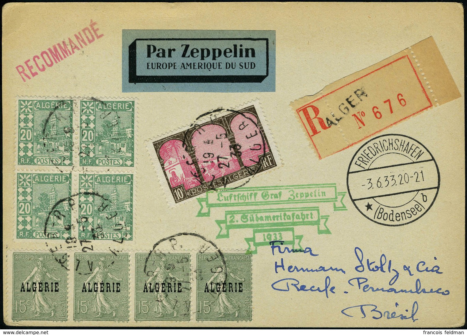 Lettre Zeppelin 2 SAF 1933, CP Recommandée Alger 27.5.33 Avec N° 84 + Complément D'affranchissement, Càd De Transit Frie - Other & Unclassified