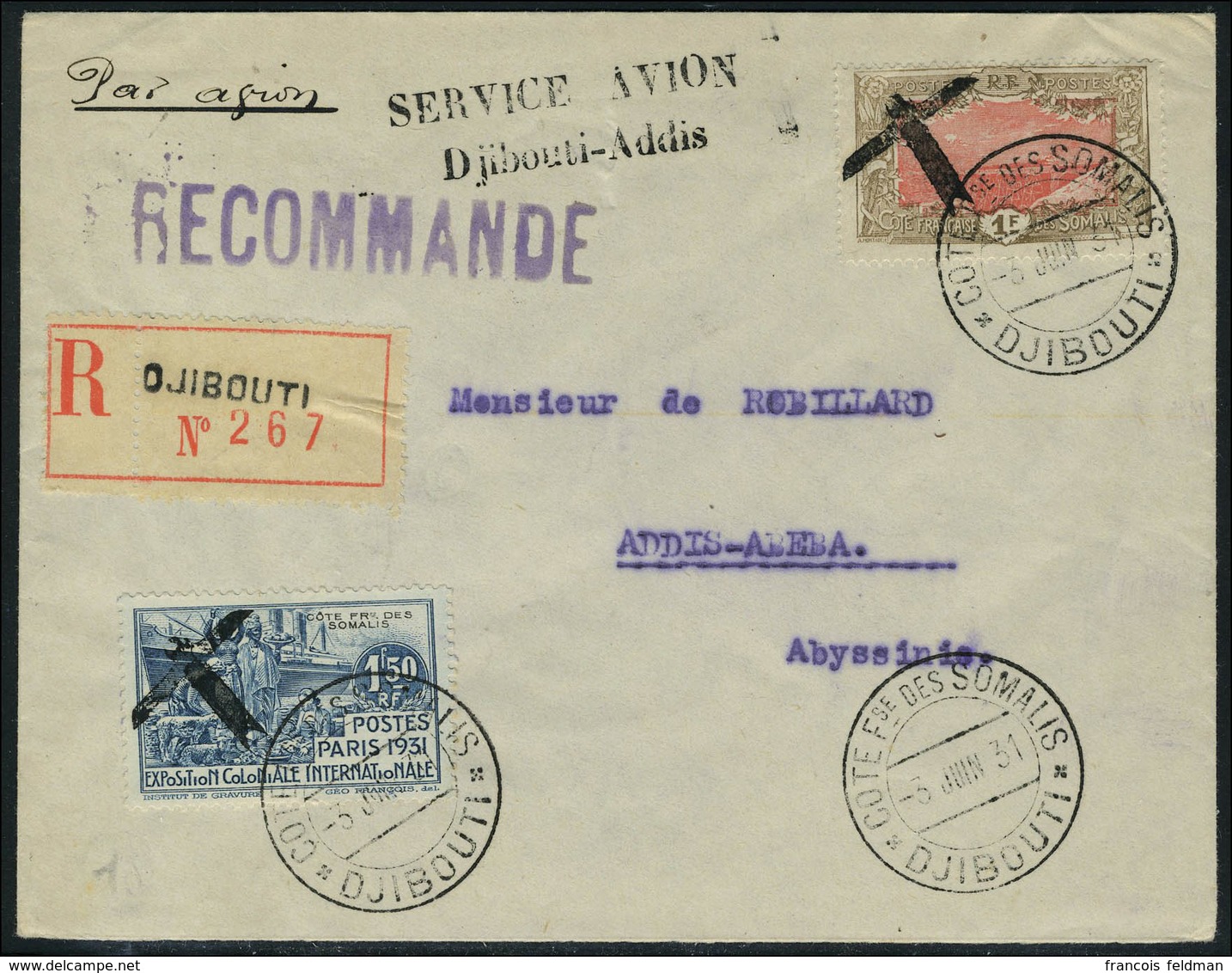 Lettre N° 97 + 140, Les 2 Valeurs Sur LR PA Surchargée Avion Service Djibouti-Addis 3.6.31, T.B. - Other & Unclassified