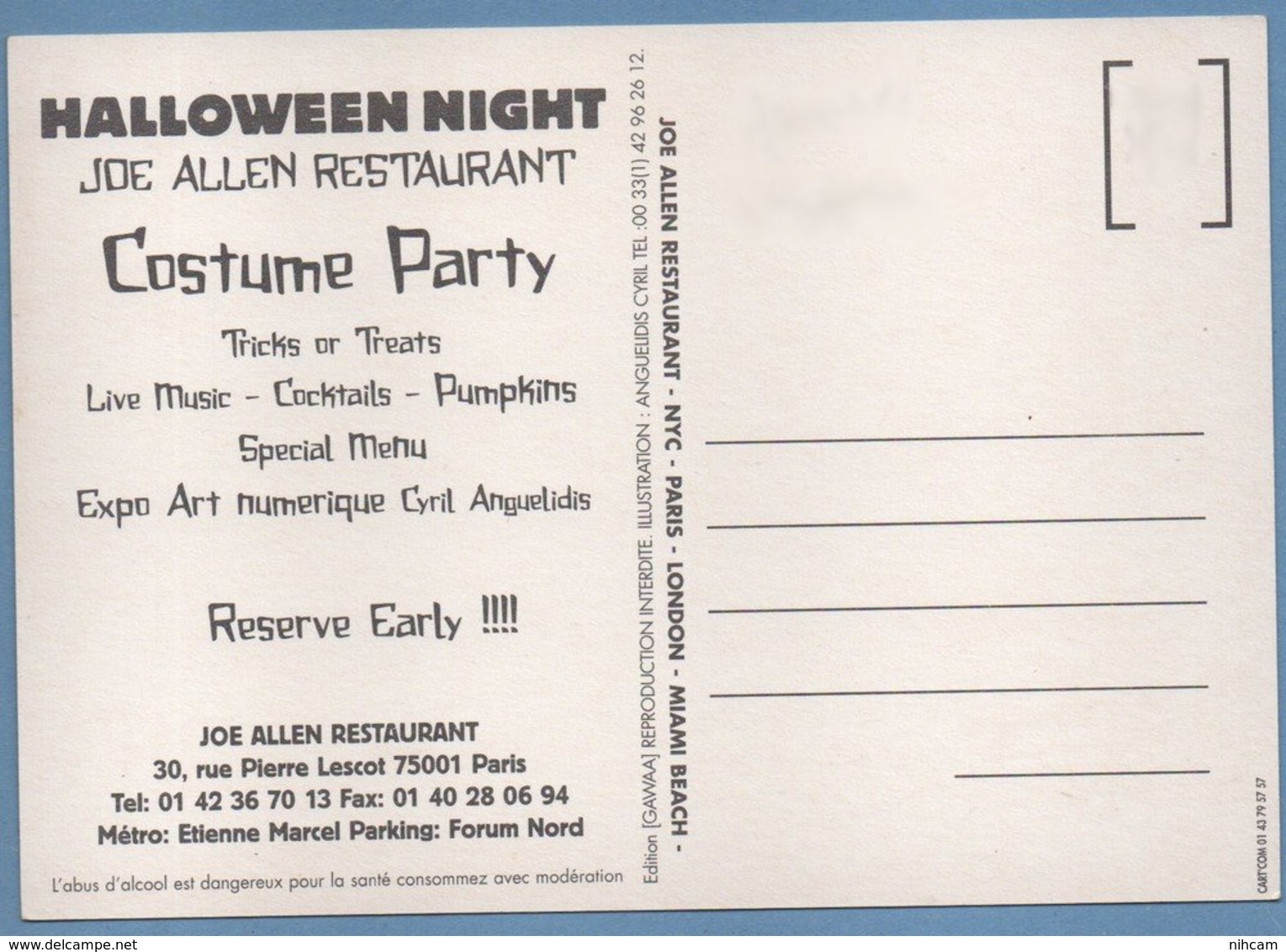 CP Cart Com Halloween Night Joe Allen Restaurant Paris 01 (non écrite ) Illustrateur Anguelidis - Halloween