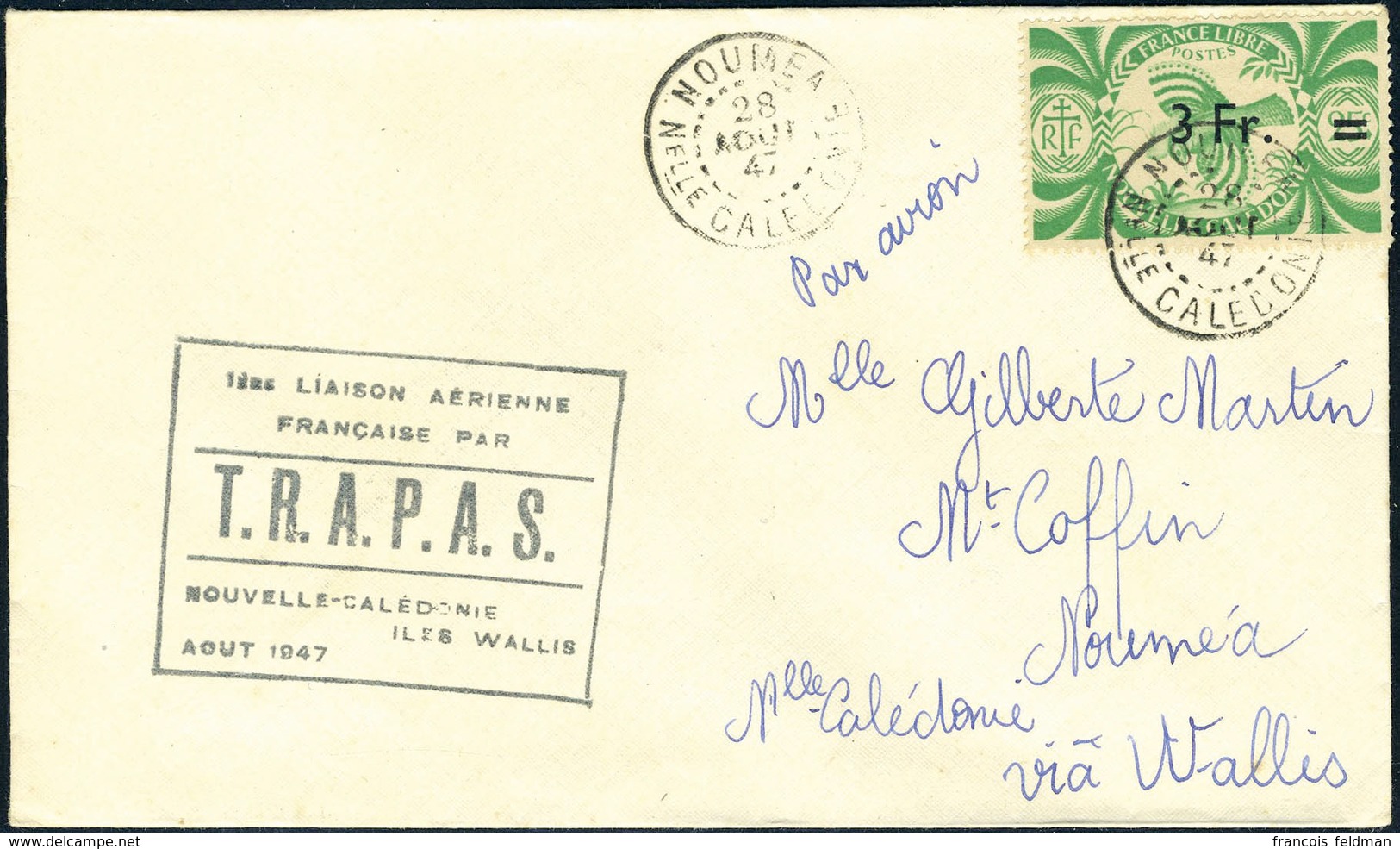 Lettre TP N° 254 S/L Càd Nouméa 28 Août 47, Cachet 1ère Liaison Aérienne Française Par T.R.A.P.A.S.-Nelle Calédonie-Iles - Other & Unclassified