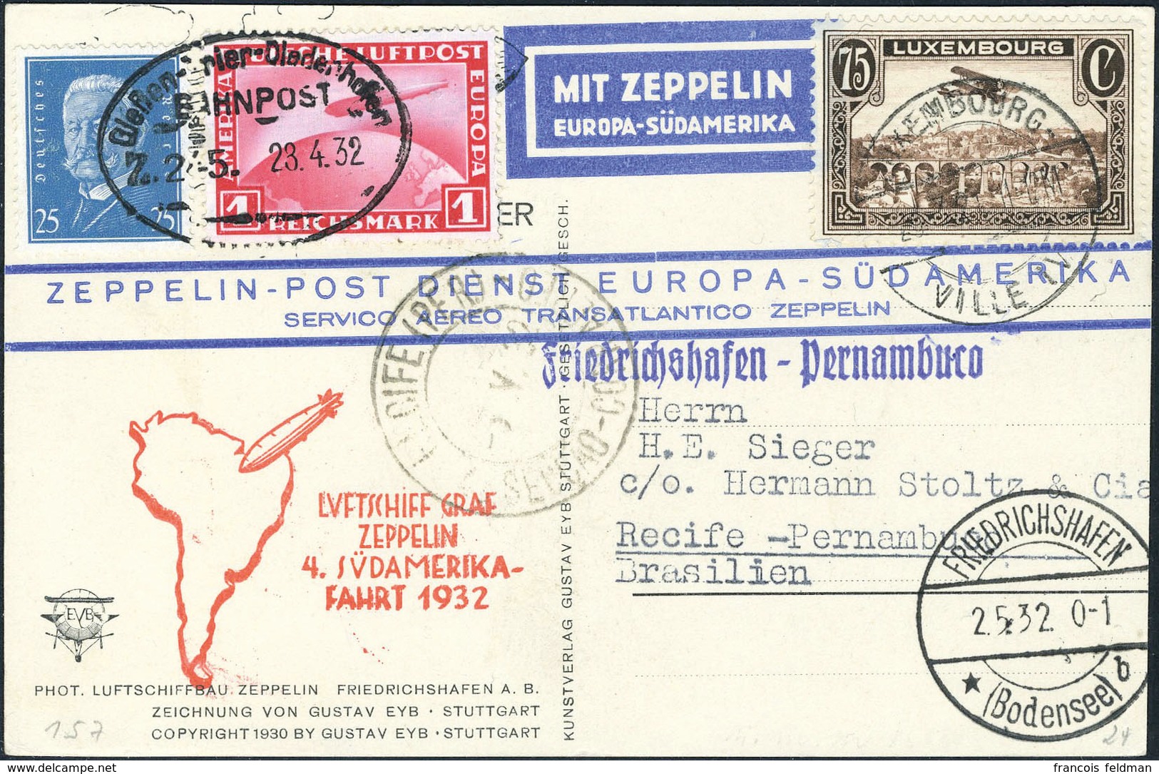 Lettre Zeppelin 4e S.A.F. 1932, Affranchissement Mixte Allemagne - Luxembourg, TB - Other & Unclassified