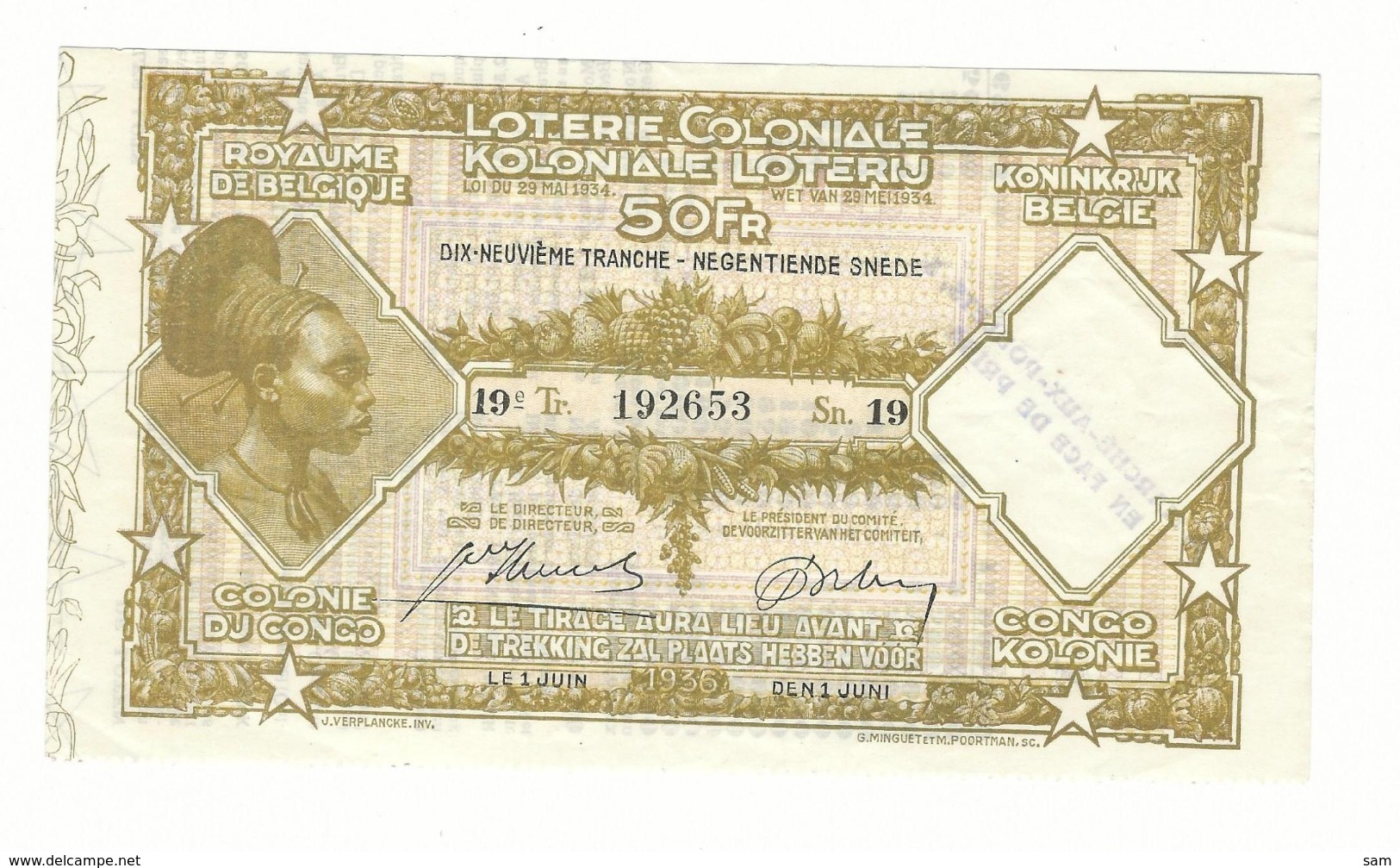 Loterie Coloniale 19e Tranche 1936    50fr.     Koloniale  Loterij 19de Tranche 1936  50fr - Billets De Loterie