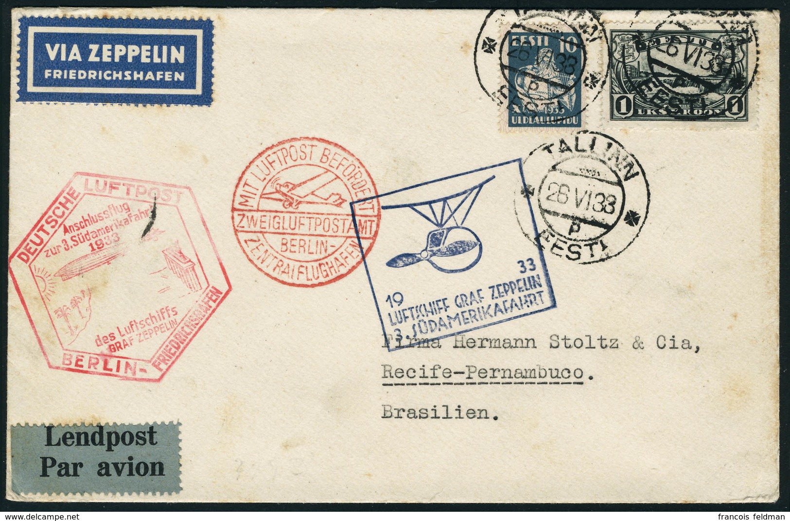 Lettre Zeppelin 3 SAF 1933, L. Càd Tallinn 26.VI.33, Càd De Transit Illustré De Berlin Et Berlin-Friedrichshafen, Pour R - Other & Unclassified