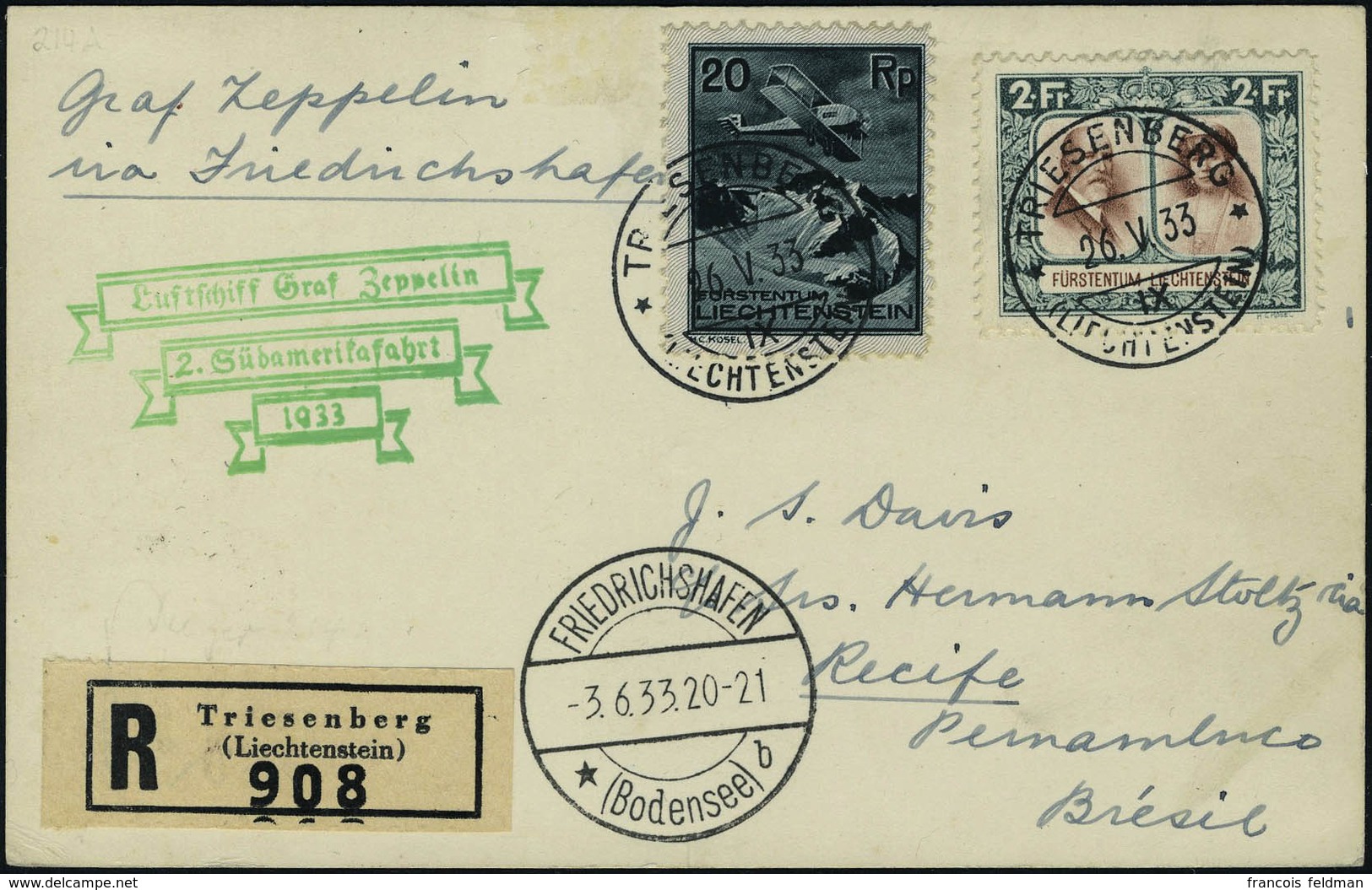 Lettre N° 2, + Poste N° 107 Sur CP Recommandée De Triesenberg 26 V 33, Zeppelin 2 SAF 1933, Càd De Transit Friedrichshaf - Other & Unclassified