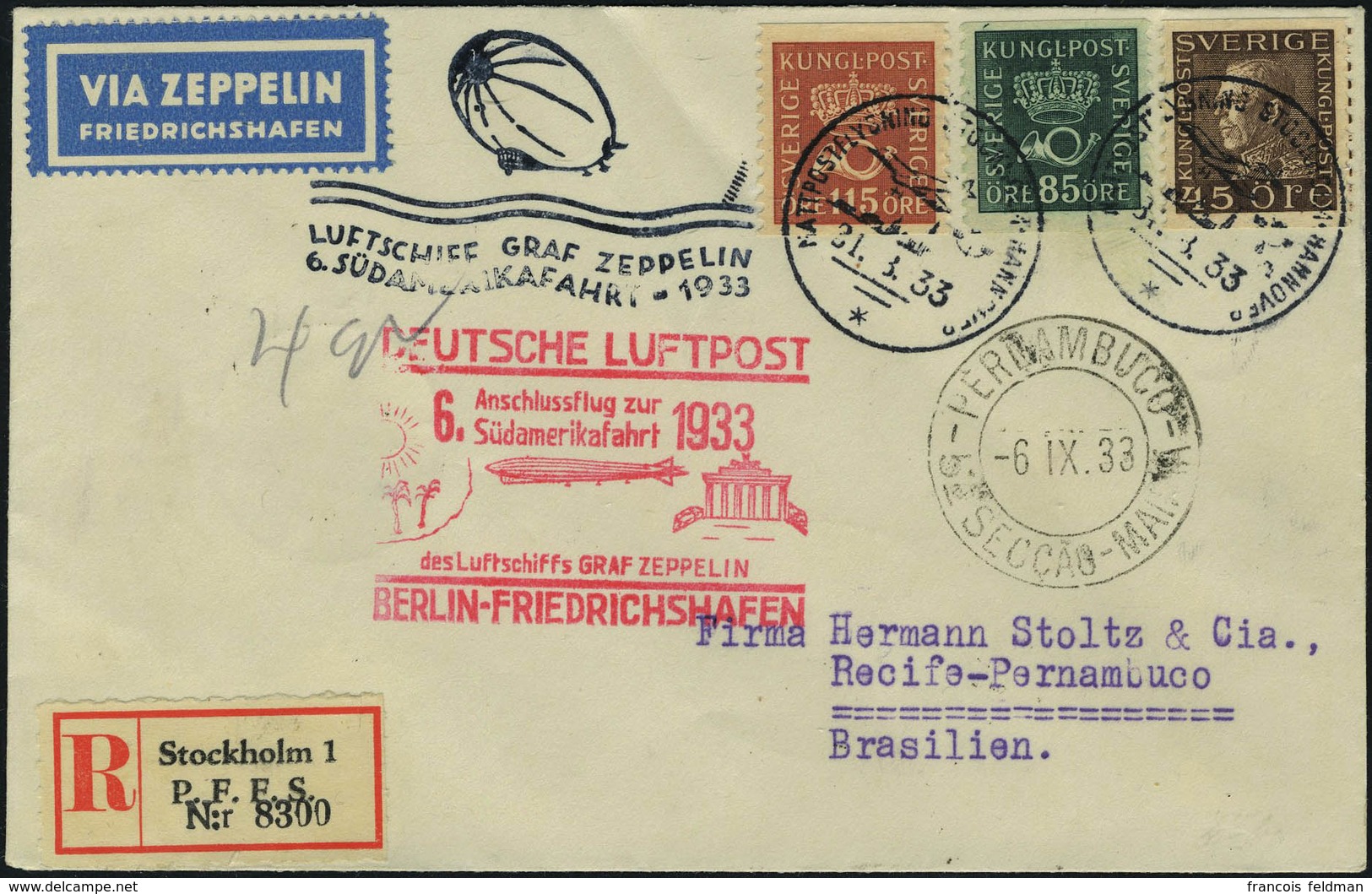Lettre Zeppelin 6 SAF 1933, Obl Avec Flamme Et Cachet Du Vol Sur LR De Stockholm 31.8.33, Càd De Transit Berlin 1.9.33 E - Other & Unclassified