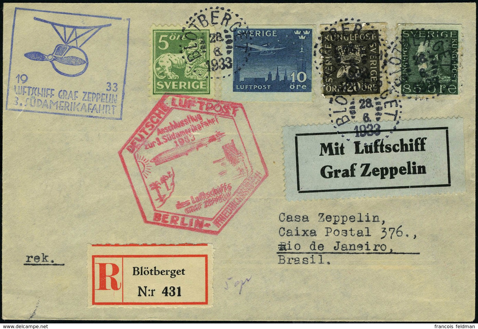 Lettre N° 4, + Complément D'affranchissement Sur LR De Blotberget 28.6.33, Zeppelin 3 SAF 1933 Pour Rio De Janeiro, Au V - Other & Unclassified