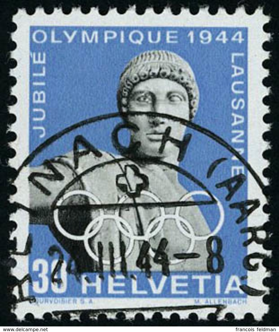 Oblitéré N° 394, 30c Bleu Jubilé Olympique 1944 Variété Oeil Ouvert Superbe, RRR, Signé + Certificat JC Marchand, Zurste - Other & Unclassified