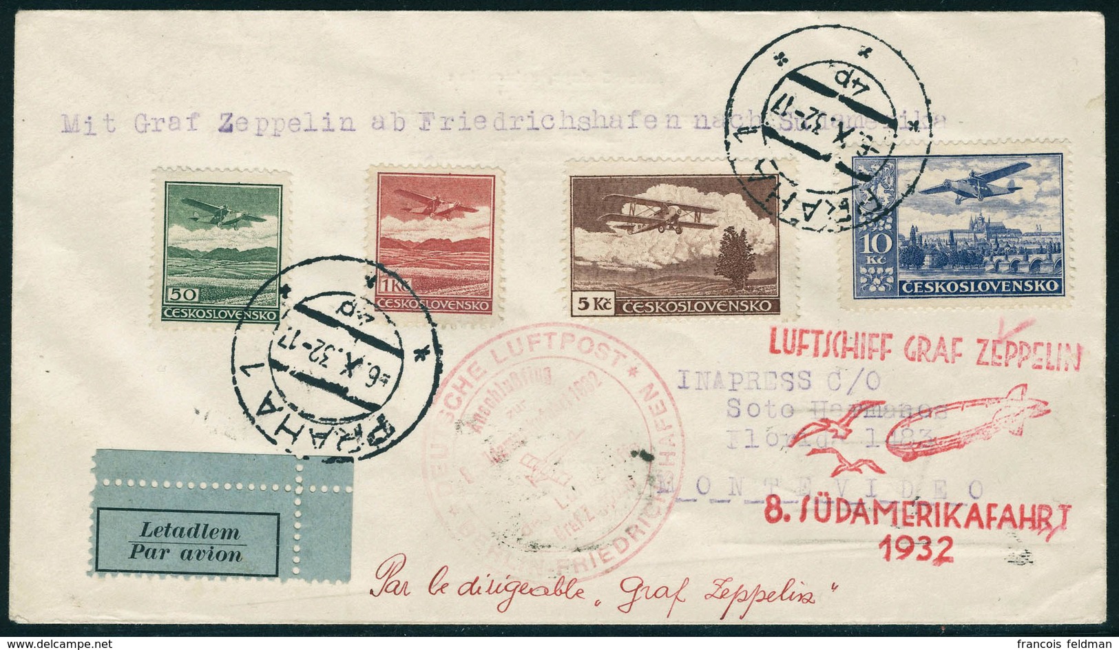 Lettre Zeppelin 8è SAF 1932, L Avec Càd Praha 6.X.32, Cachet Illustré Berlin Friedrichshafen Pour Montévidéo, Au Verso C - Other & Unclassified