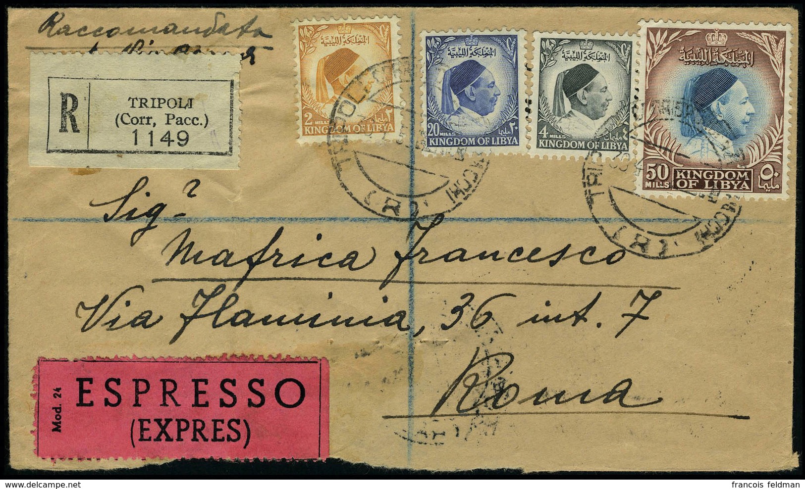 Lettre N° 126, 127, 132 Et 134 Sur LR Expres De Tripoli 30.4.52 Pour Rome, Arrivée 1.5.52 Et 2.5.52, T.B. - Other & Unclassified