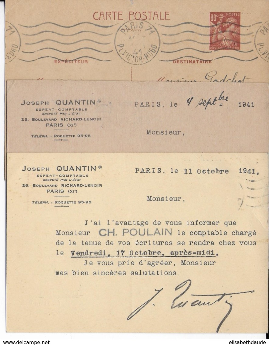 IRIS - 1941 - 3 CP ENTIER TEINTES DIFF. Avec REPIQUAGE "QUANTIN" De PARIS => CHARENTON - Cartes Postales Repiquages (avant 1995)