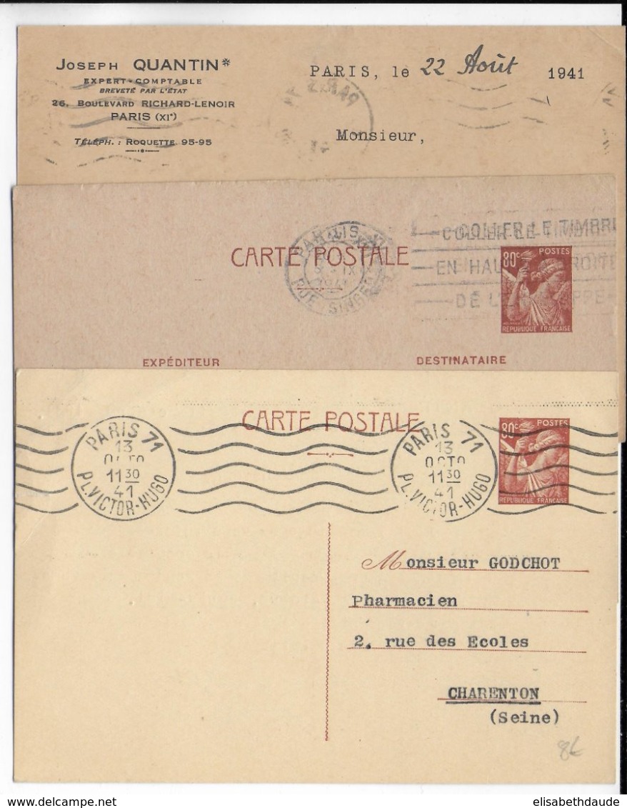 IRIS - 1941 - 3 CP ENTIER TEINTES DIFF. Avec REPIQUAGE "QUANTIN" De PARIS => CHARENTON - Overprinter Postcards (before 1995)