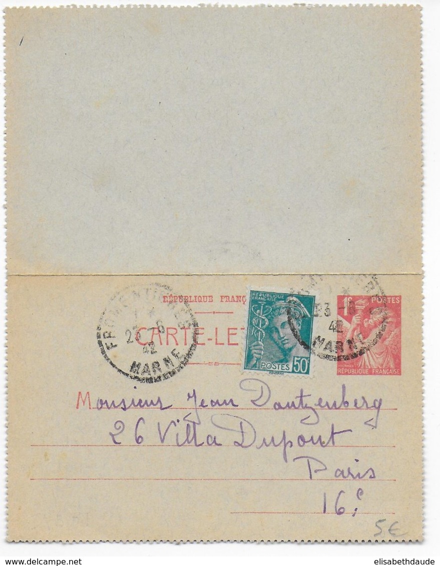 IRIS - 1942 - CARTE-LETTRE ENTIER Avec COMPLEMENT MERCURE De FROMENTIERES (MARNE) => PARIS - Letter Cards