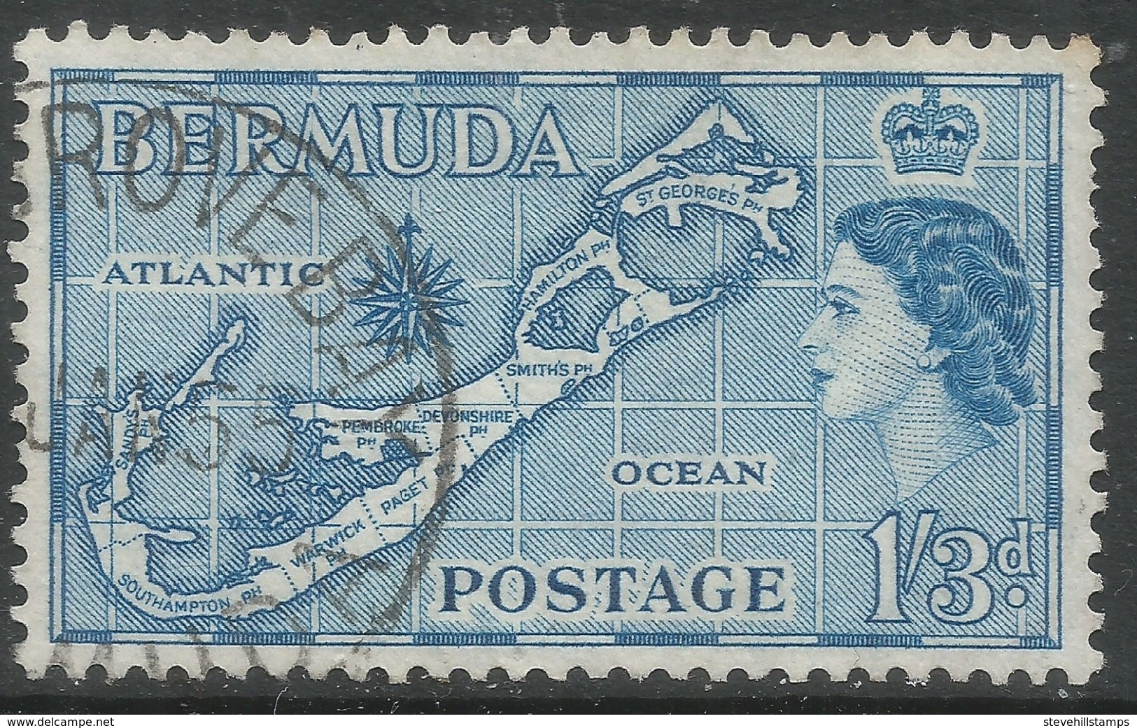 Bermuda. 1953-62 QEII. 1/3 (Die I) Used. SG 145 - Bermuda