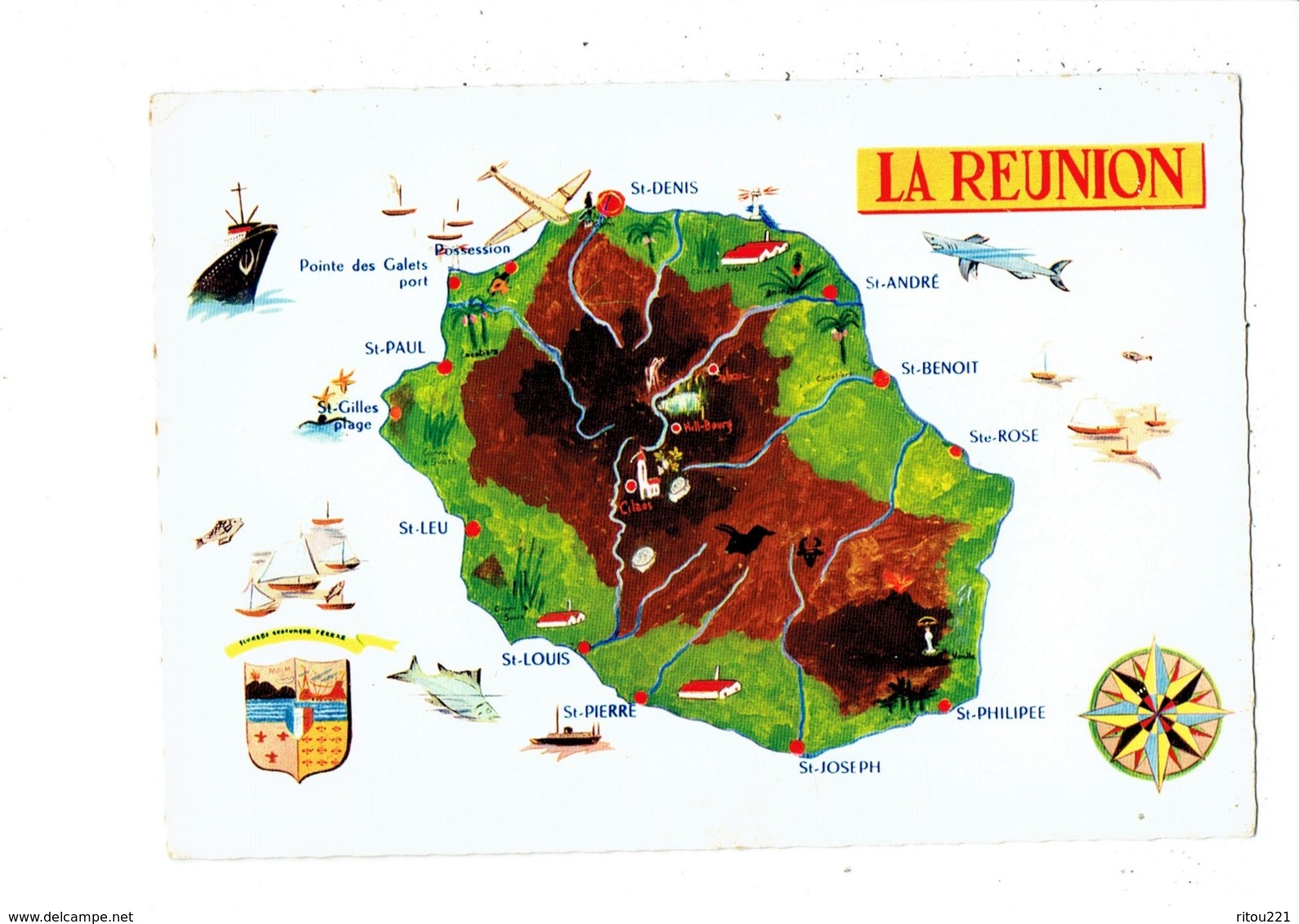 Cpm Géographique Île De La Réunion Dessin Taureau étoile De Mer Avion Requin Bateau Blason Canne à Sucre Usine Phare - Altri & Non Classificati