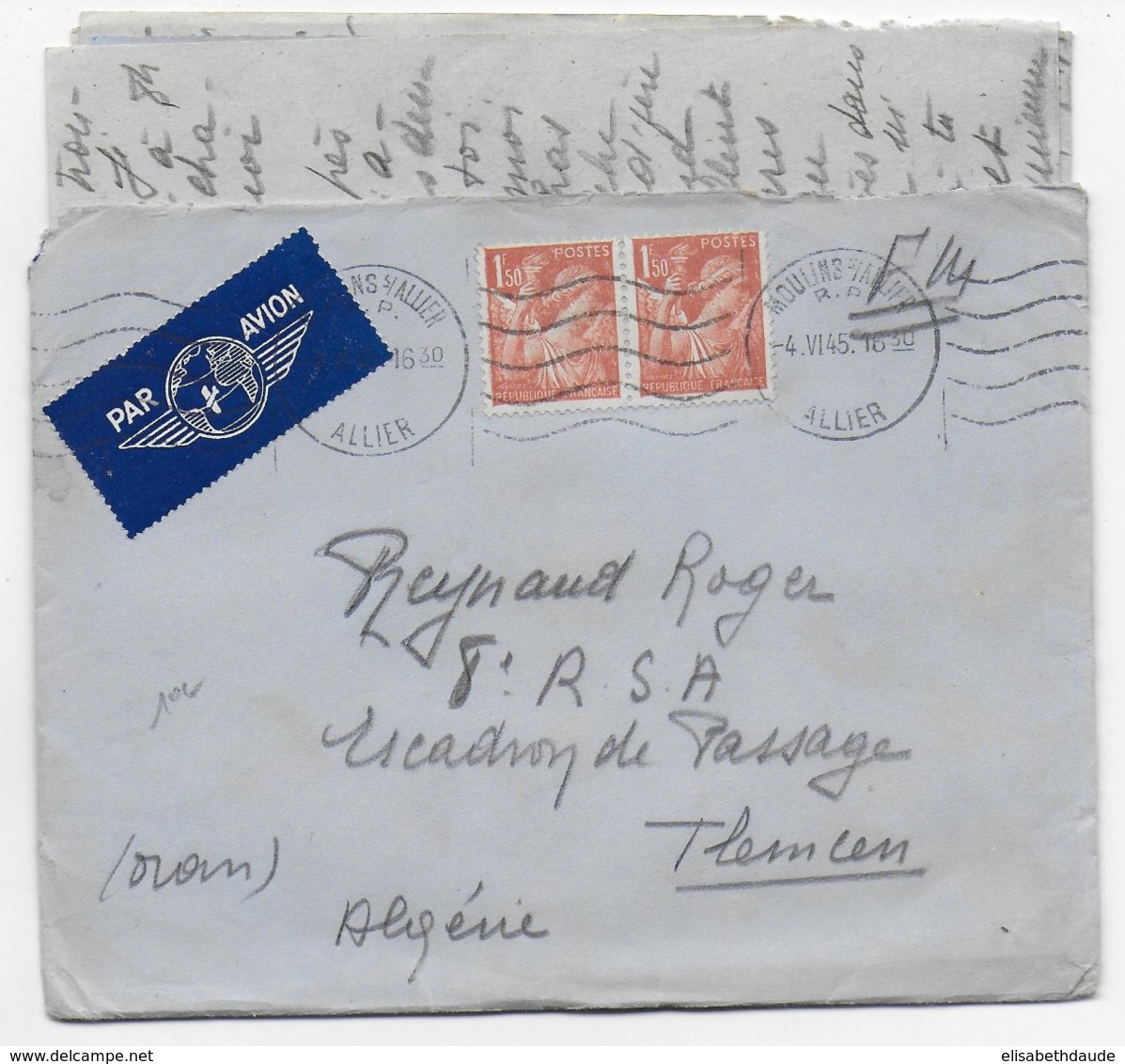 IRIS - 1945 - ENVELOPPE FM Par AVION De MOULINS SUR ALLIER => TLEMCEN (ALGERIE) - 1939-44 Iris