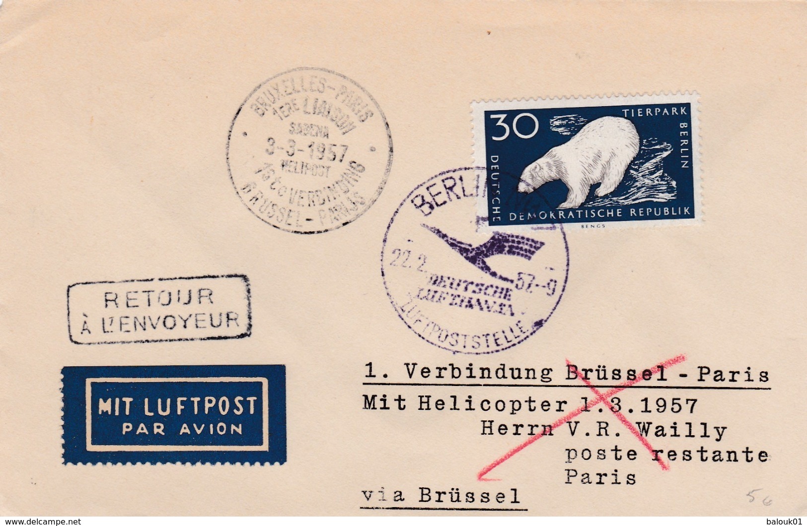 Lettre Par Hélicoptère 1 ère  Liaison Bruxelles Paris Vers  Berlin Retour 1957 - Other & Unclassified