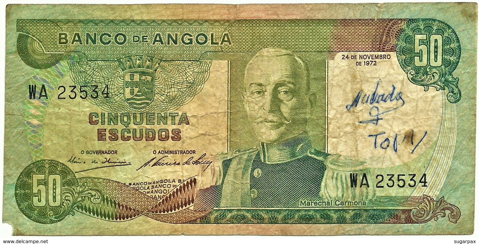 Angola - 50 Escudos - 24.11.1972 - Pick 100 - Série WA - Marechal Carmona - PORTUGAL - Angola
