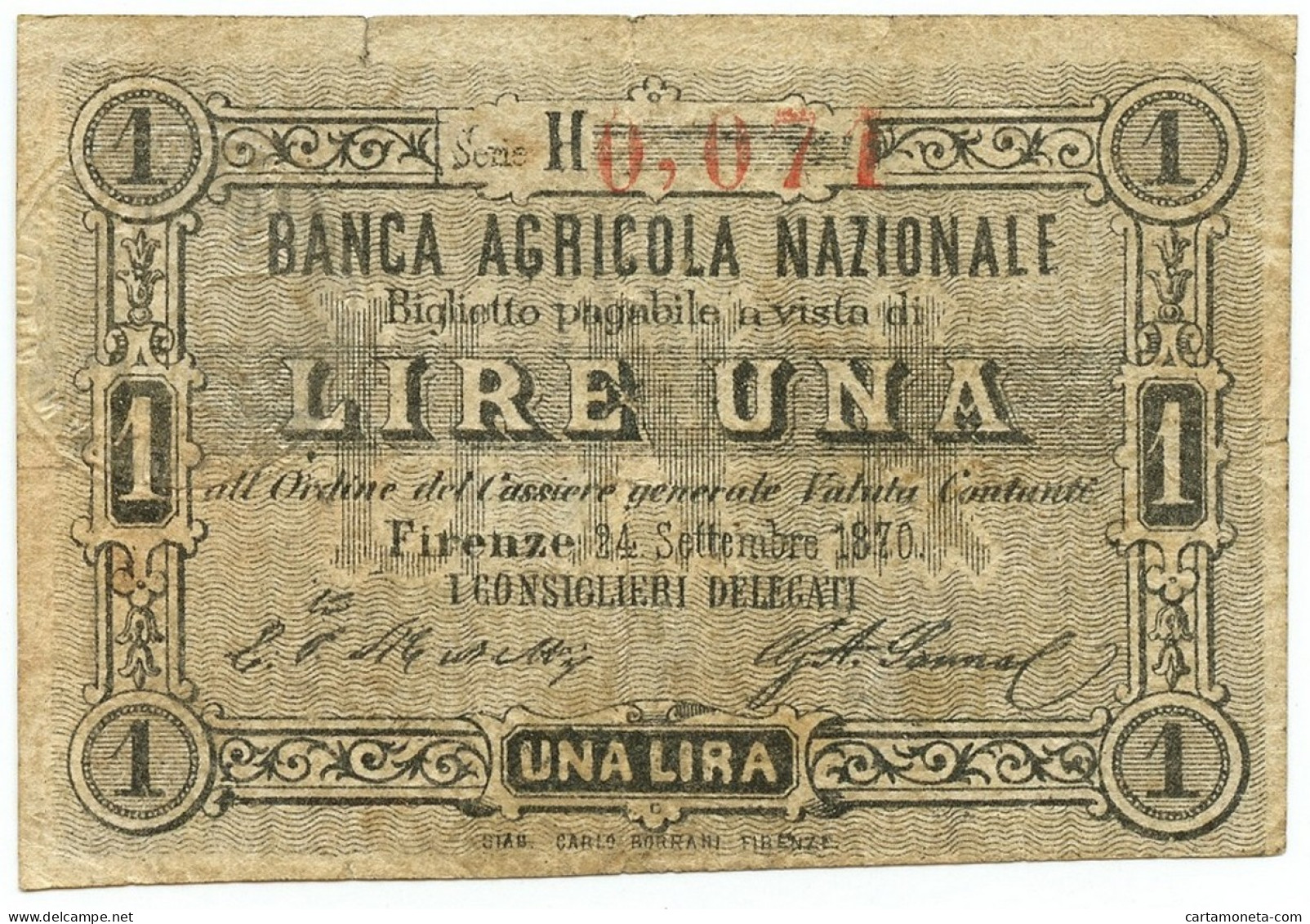 1 LIRA BIGLIETTO FIDUCIARIO BANCA AGRICOLA NAZIONALE FIRENZE 24/09/1870 BB - Altri & Non Classificati