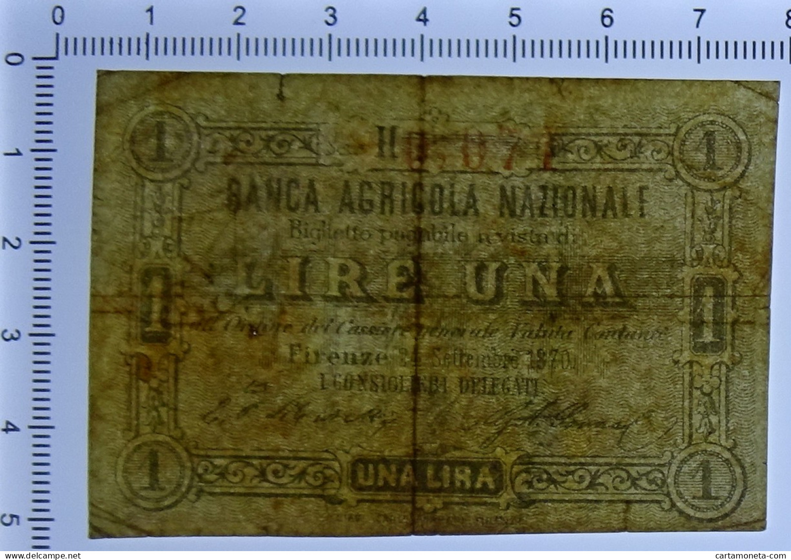 1 LIRA BIGLIETTO FIDUCIARIO BANCA AGRICOLA NAZIONALE FIRENZE 24/09/1870 BB - Altri & Non Classificati