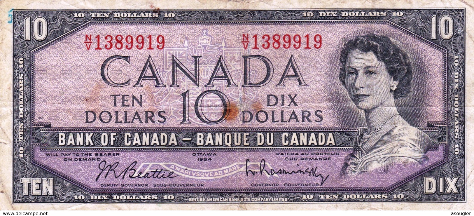 CANADA 10 DOLLARS 1954 VG-F P-79b "free Shipping Via Registered Air Mail" - Kanada