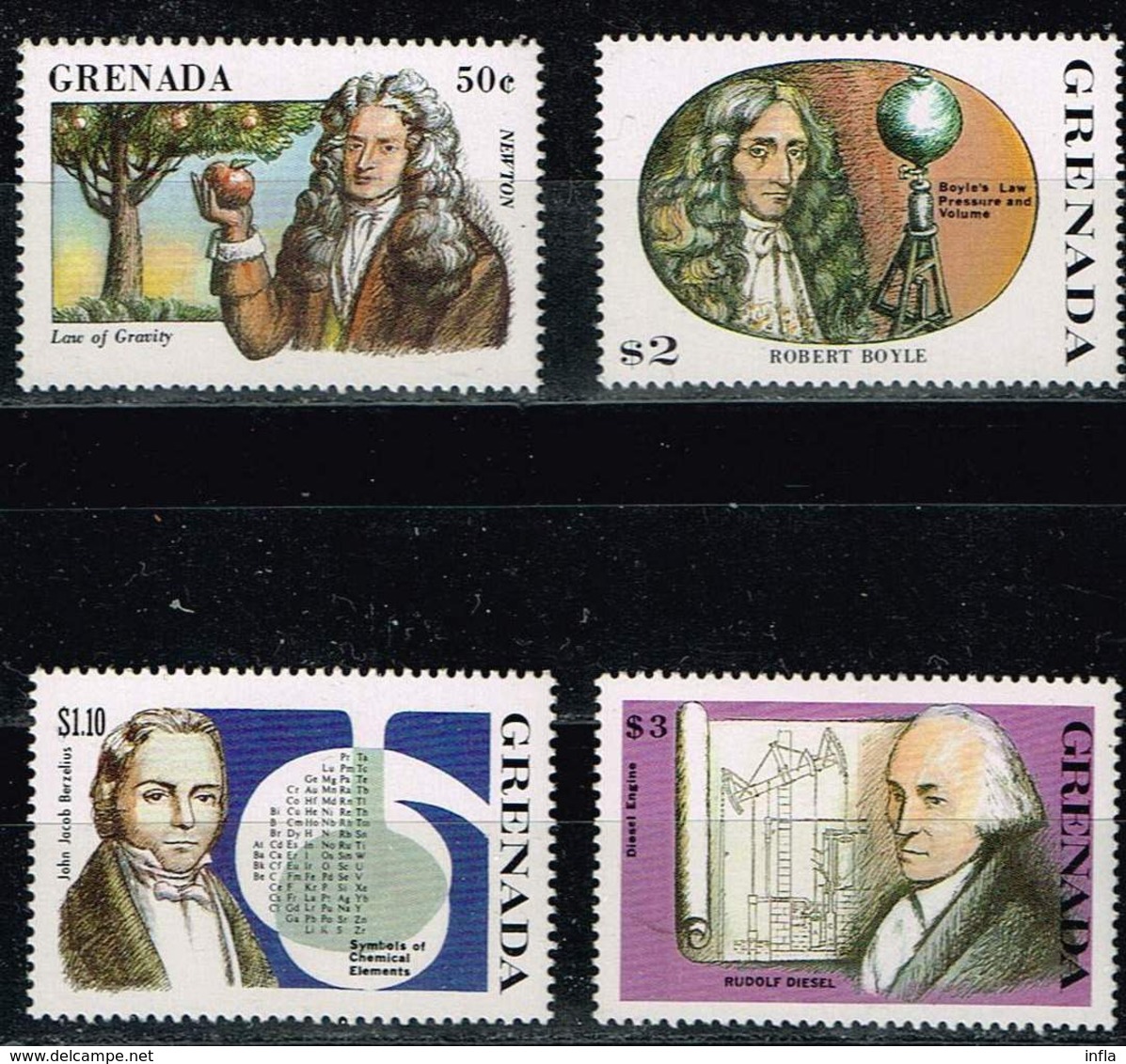 Grenada 1987,Michel# 1687 - 1690 ** Inventors: Newton, Berzelius, Boyle, Watt - Grenada (1974-...)